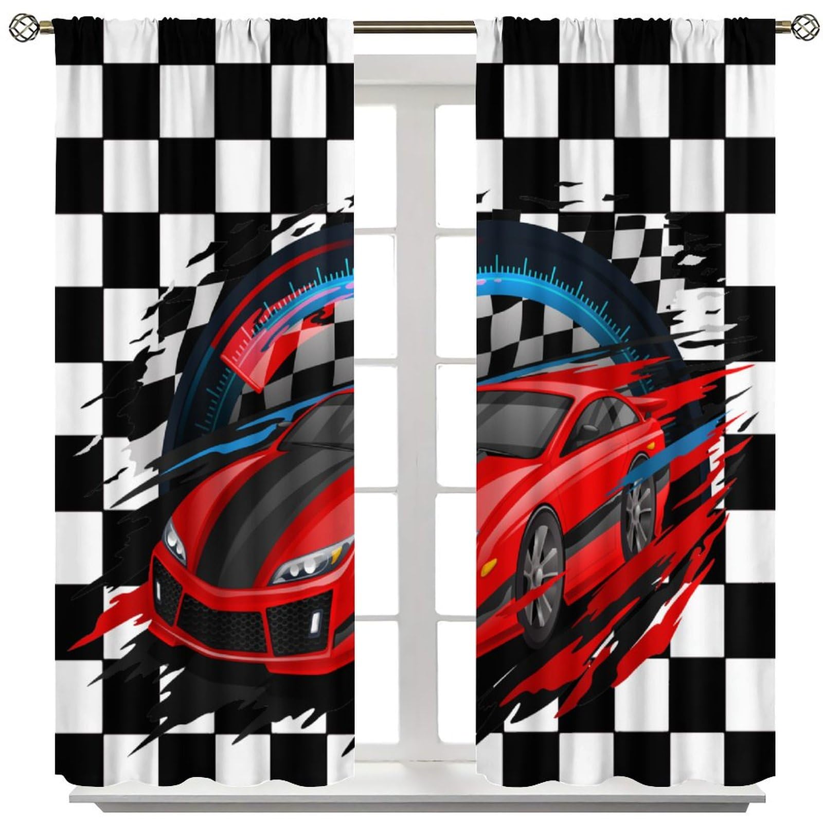 SHElifestyle Boys Race Car Window Curtains, Competition Extreme Sports Window Treatments for Kids Bedroom Construction Vehicles Black White Checkered Grid Drapes for Teens Men Bedroom W42 X L45