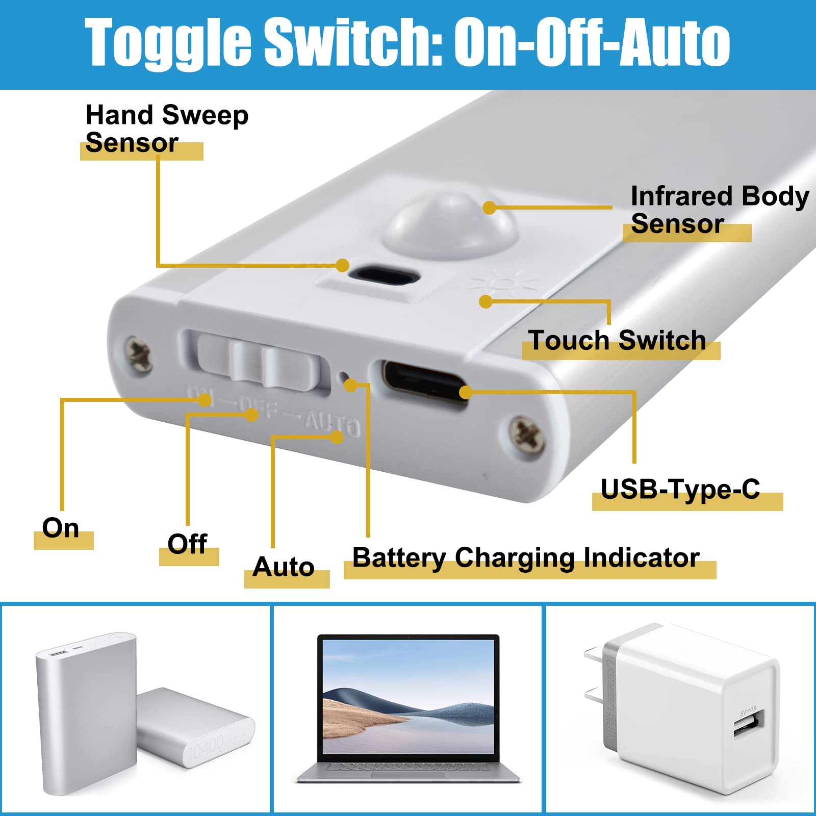 wakdop LED Closet Light Fixtures - Led Motion Sensor Cabinet Light with 2 Detachable Battery, Under Cabinet Light with 3 Temperature & Dimmable Rechargeable Wireless Cabinet Light (Silver)