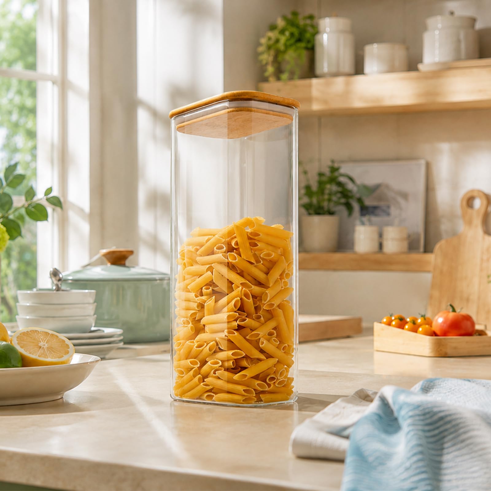 YBCPACK Juego de 4 tarros de cristal de borosilicato herméticos con tapa de 2,1 L, 2100 ml, tarros de almacenamiento cuadrados con tapa de bambú para espaguetis, judías y copos de maíz