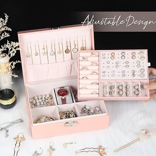 Miniatura 5 de Joyero para mujeres y niñas contenedor organizador de joyas de 2 capas con cerradura estuche de almacenamiento de piel sintética con bandeja