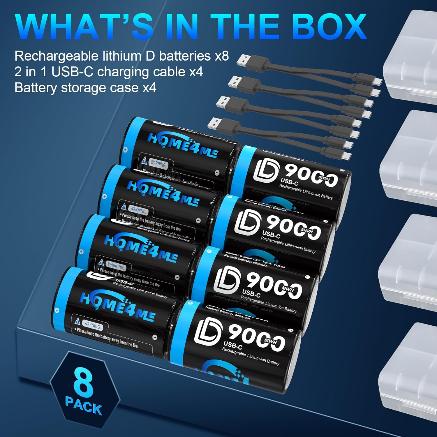 Rechargeable D Batteries 8 Pack, 9000mWh Lithium D Cell Battery, 1.5V D Rechargeable Batteries, Size D Battery with 2-in-1 USB-C Charging Cable for Toys, Water Heater, Gas Stove