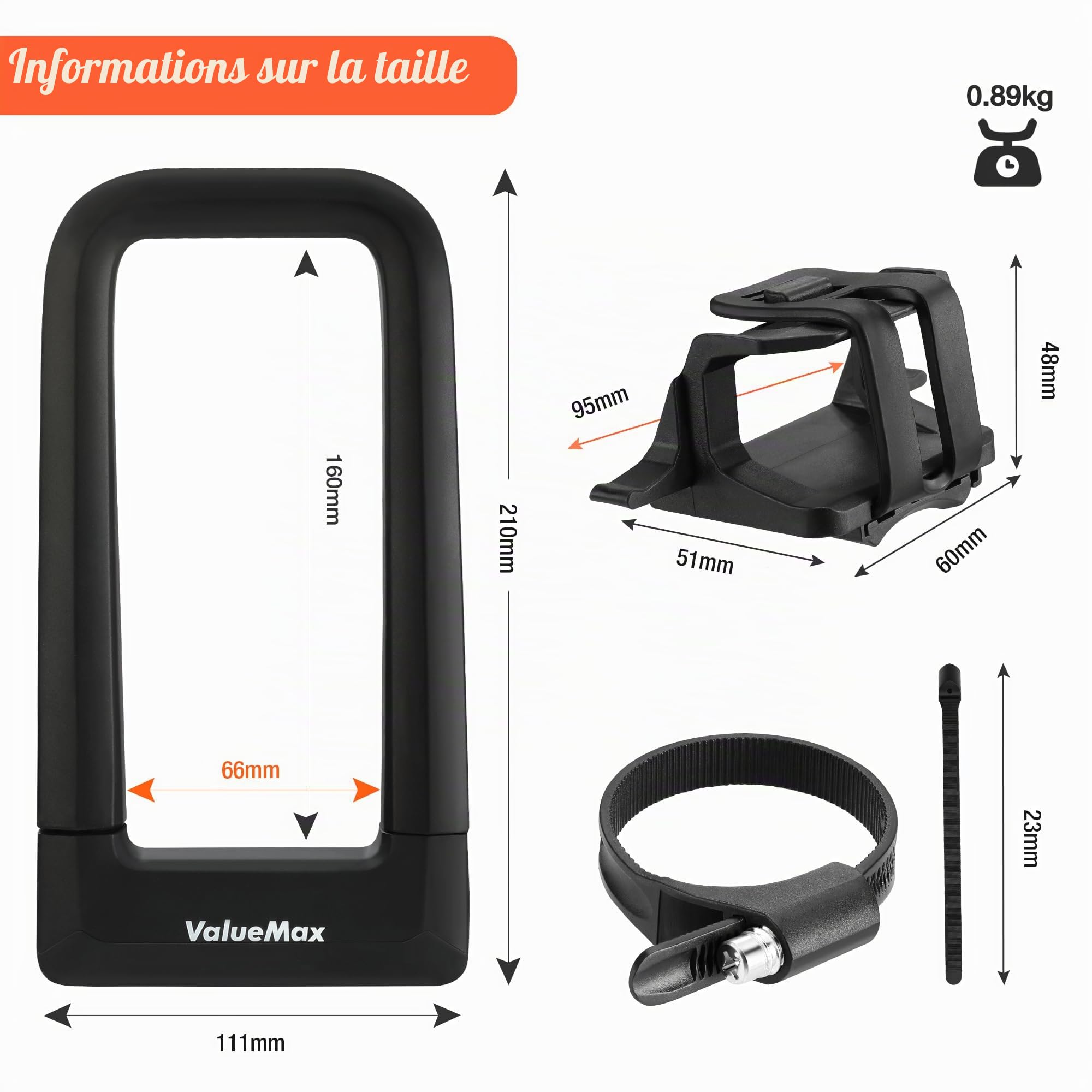 ValueMax Antilvol en U pour Vélo avec Revêtement en Silicone | Antivol de Vélo Noir avec Support de Montage Robuste, Serrure de Vélo avec Sangle pour Bicyclette, Moto