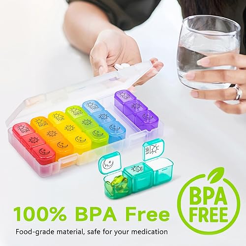 Miniatura 5 de Organizador de píldoras grande para 7 días semanalmente, contenedor diario para medicamentos 3 veces al día, soporte para medicamentos para