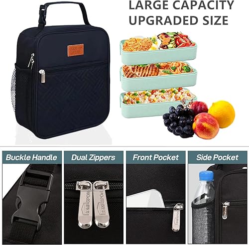 Miniatura 3 de Lonchera aislada, bolsa de almuerzo pequeña duradera y reutilizable para adultos, bolsa de almuerzo para adultos, hombres y mujeres (color negro)