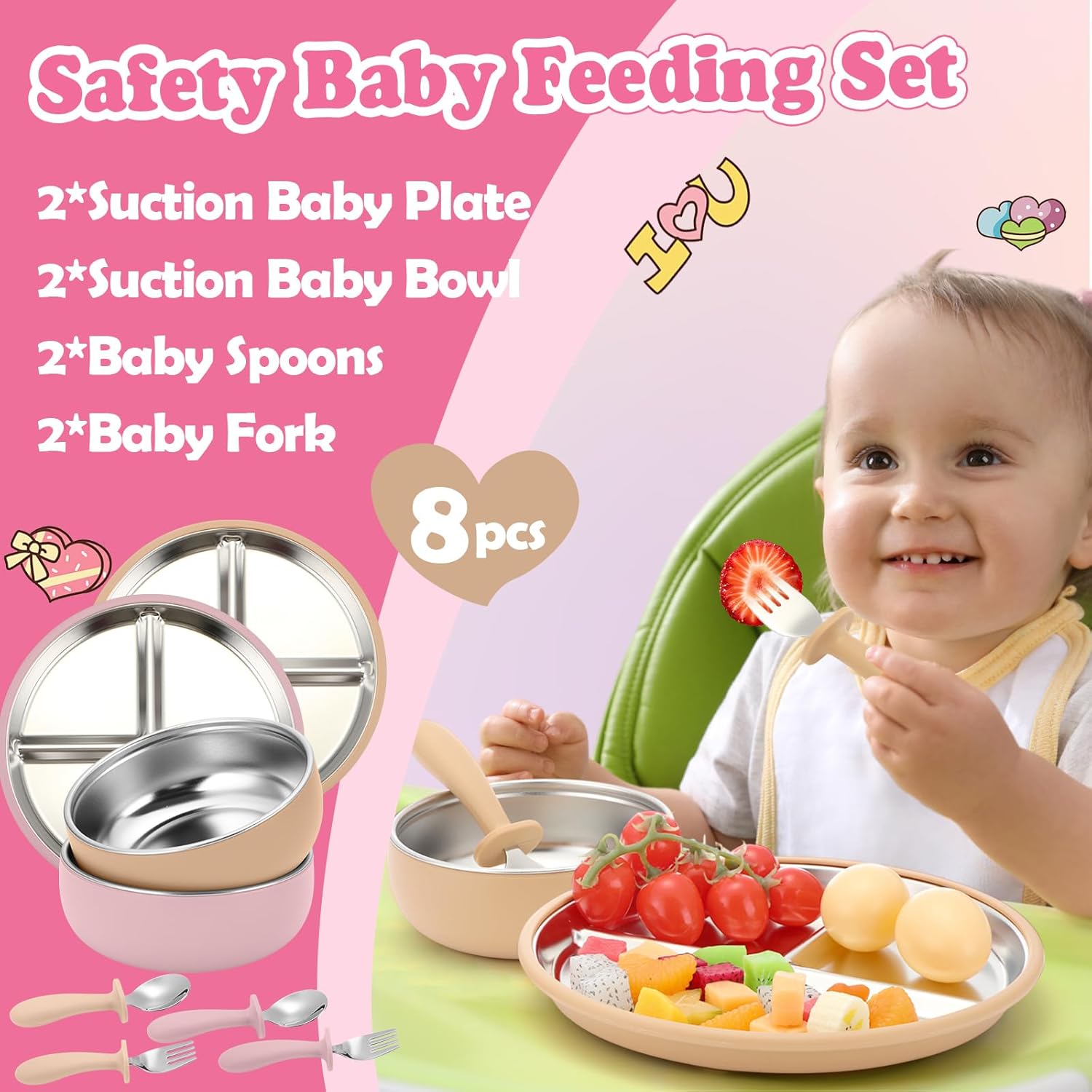 Honeydak 2 Pack Stainless Steel Baby Plates and Bowls with Suction & 2 Pack Spoons and Forks Set Kid Gift Toddler Utensil Baby Feeding Set Divided Plates for Weaning Supplies(Pink,Matte Tan)