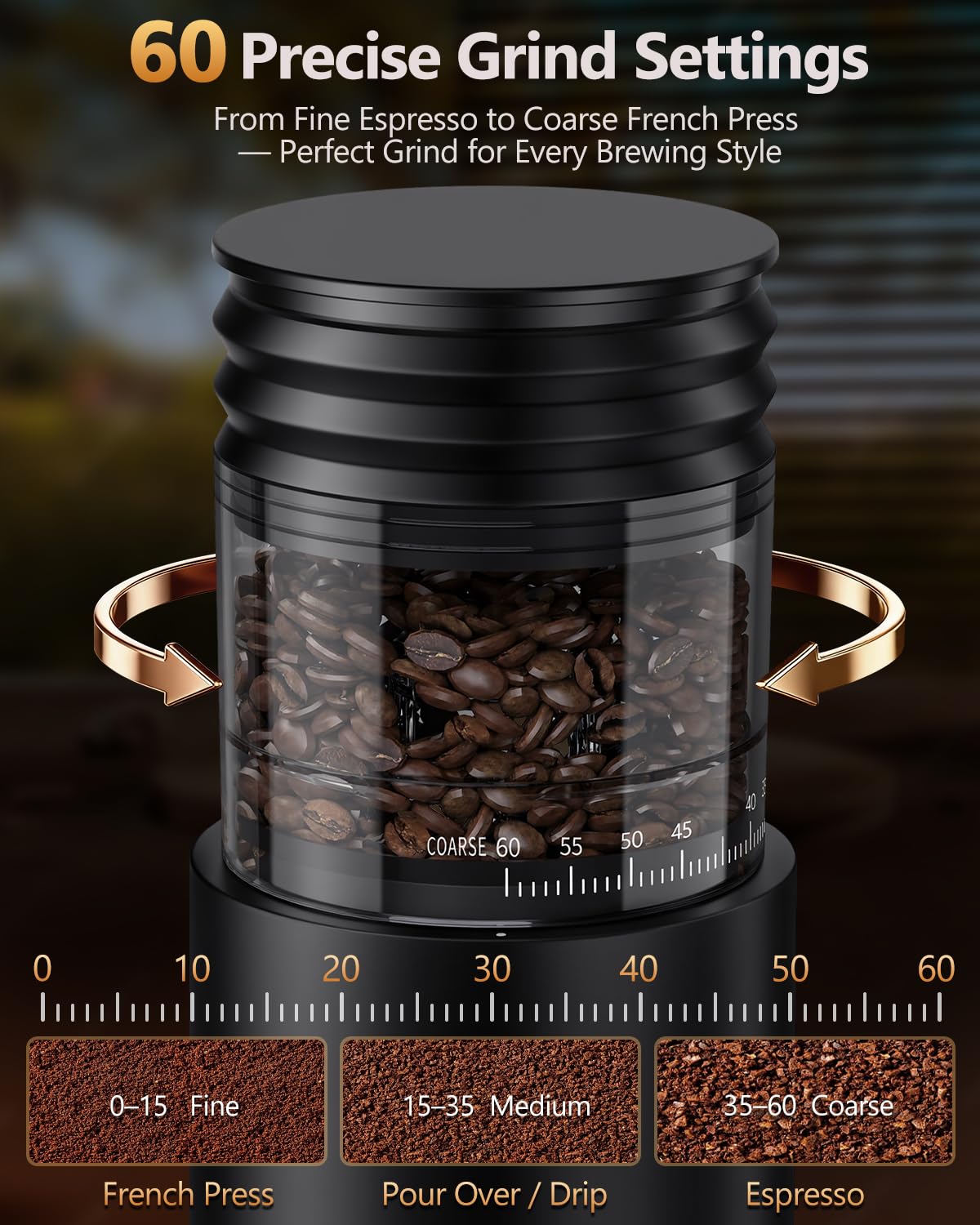 COOL KNIGHT Molinillo de café cónico recargable, 60 ajustes de molienda y temporizador de 5 a 98 niveles, molinillo de espresso con tolva de fuelle y soporte para portafiltro, fácil de limpiar