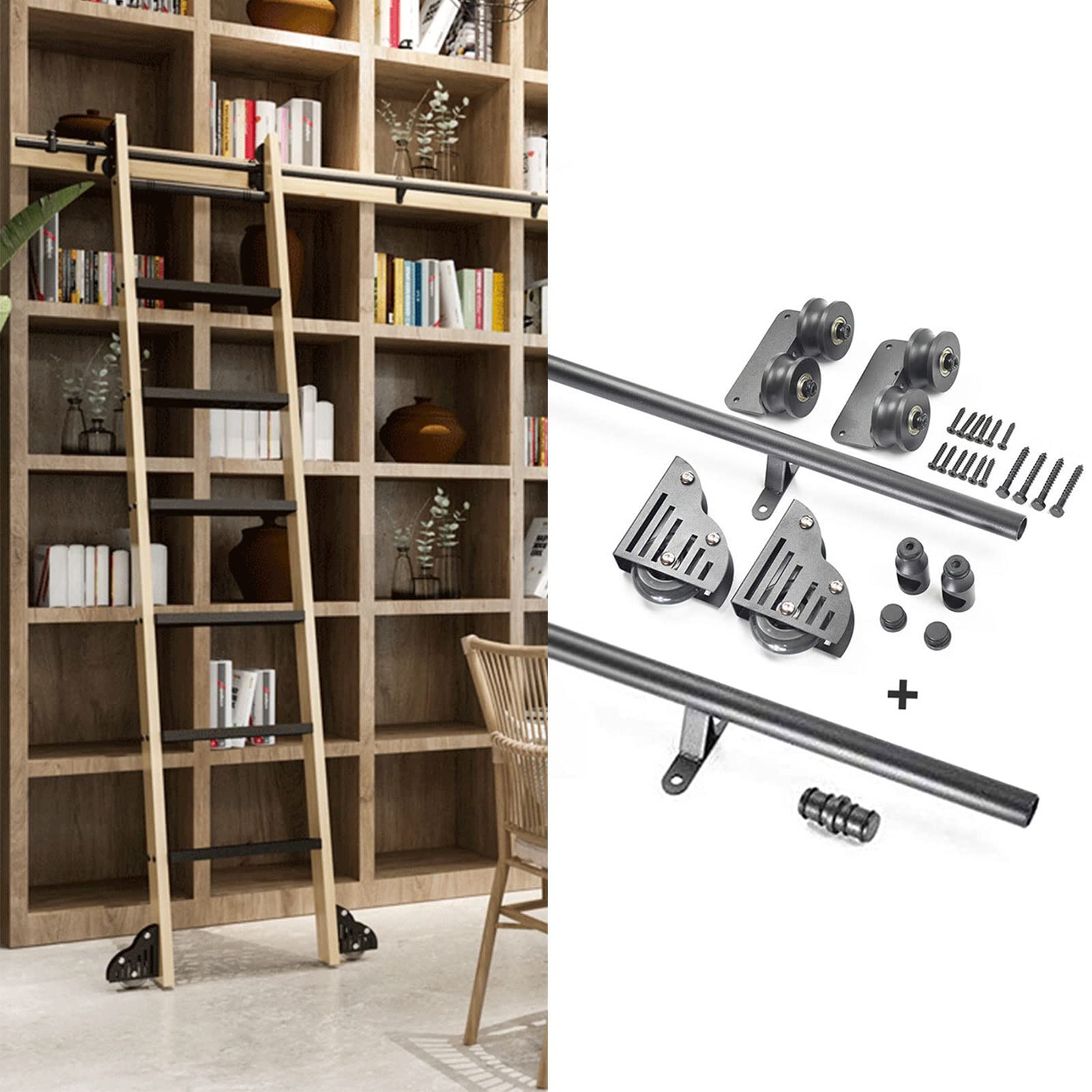 Kit de riel de escalera deslizante MiroDo de acero negro rústico de 6.6ft para biblioteca