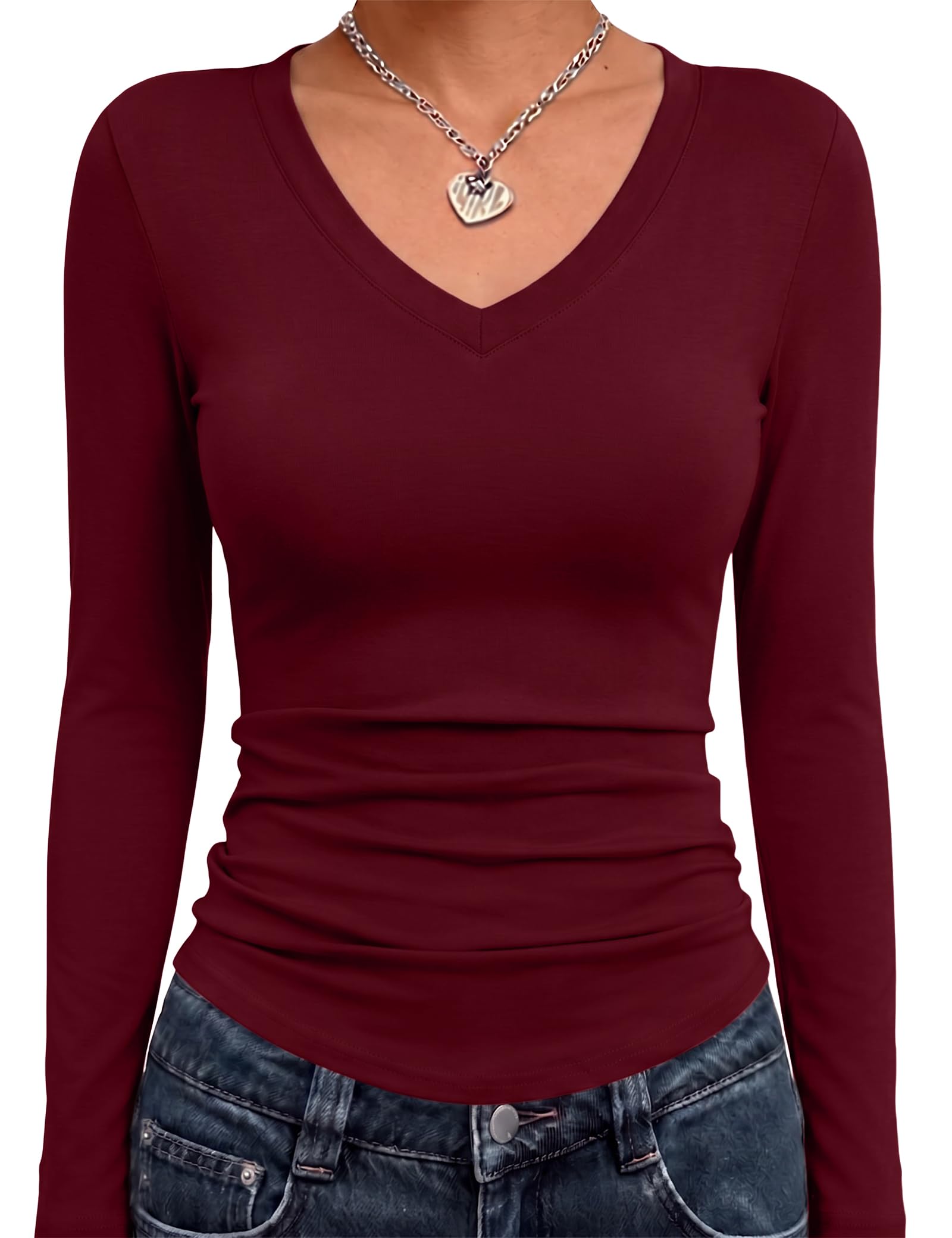 Totatuit Langarmshirt Damen V Ausschnitt Basic Oberteile Langarm T-Shirt | Weiches Elastisches Leichtes Geschwungener Curved Hem Alltag Büro Frühling Herbst Layering Figurbetont Stretch Damenoberteil