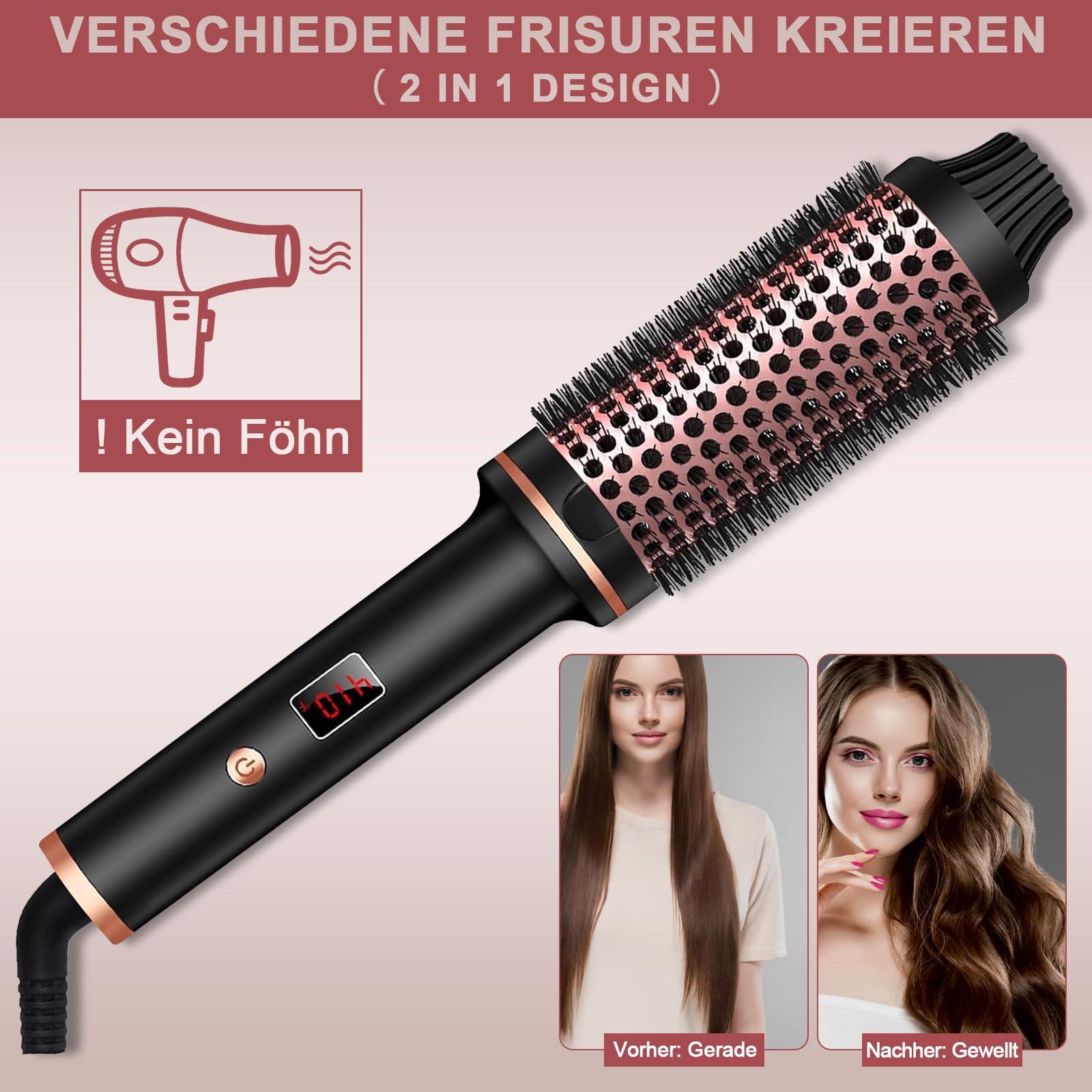 Heated Round Brush 38mm, Elektrische Lockenbürste,Thermobürste Rundbürste, Rundbürste LCD Anzeige 120-210℃, für Wurzelvolumen und lockere Locken, Dual-Spannung, Passend für Reise, Thermal Brush 3 in 1