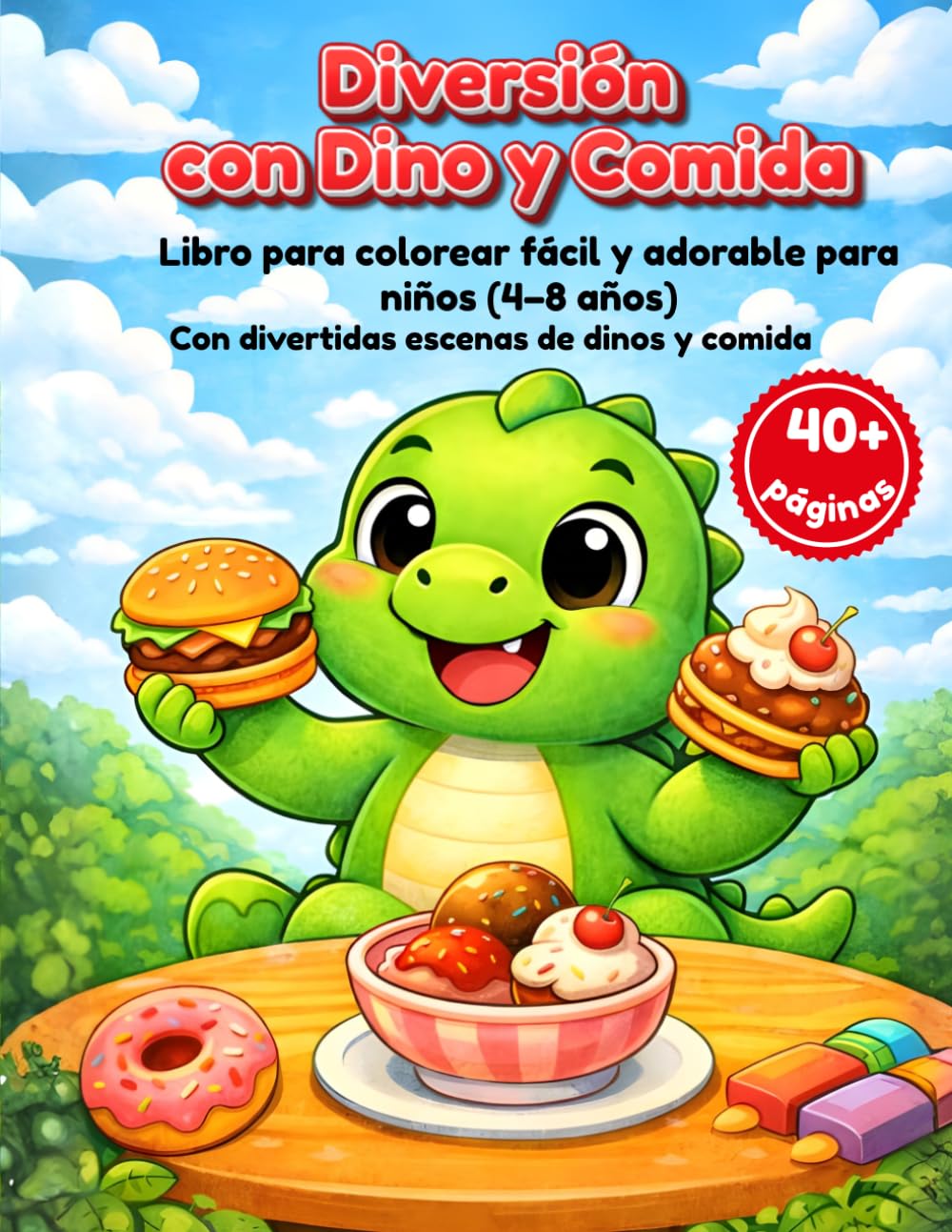 Diversión con Dino y Comida: Libro para colorear fácil y adorable para niños (4–8 años)