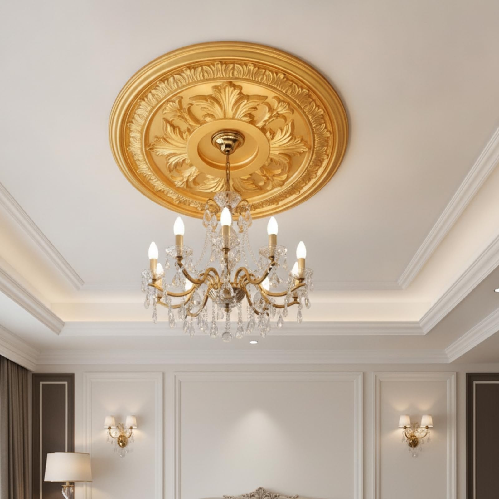 Rosone da Soffitto in Rilievo Placca Floreale Decorazione per Installatori, Grande, Bianco