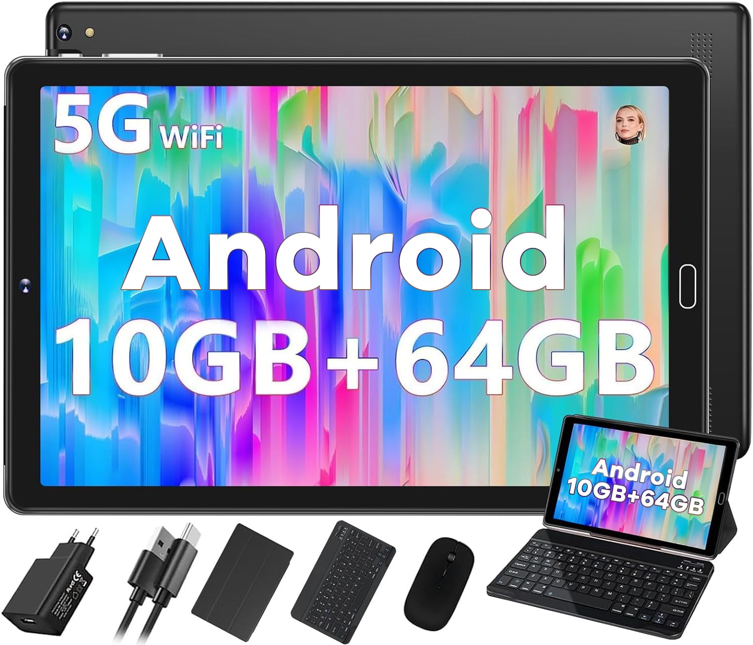 2026 Tablette 10 Pouces Android Octa Core avec 64ROM +2To TF | 5G + 2.4G WiFi | GMS | FHD | Bluetooth 5.0 | 8MP + 5MP | Type C, Tablette Tactile avec étui, Clavier et Souris -Noir