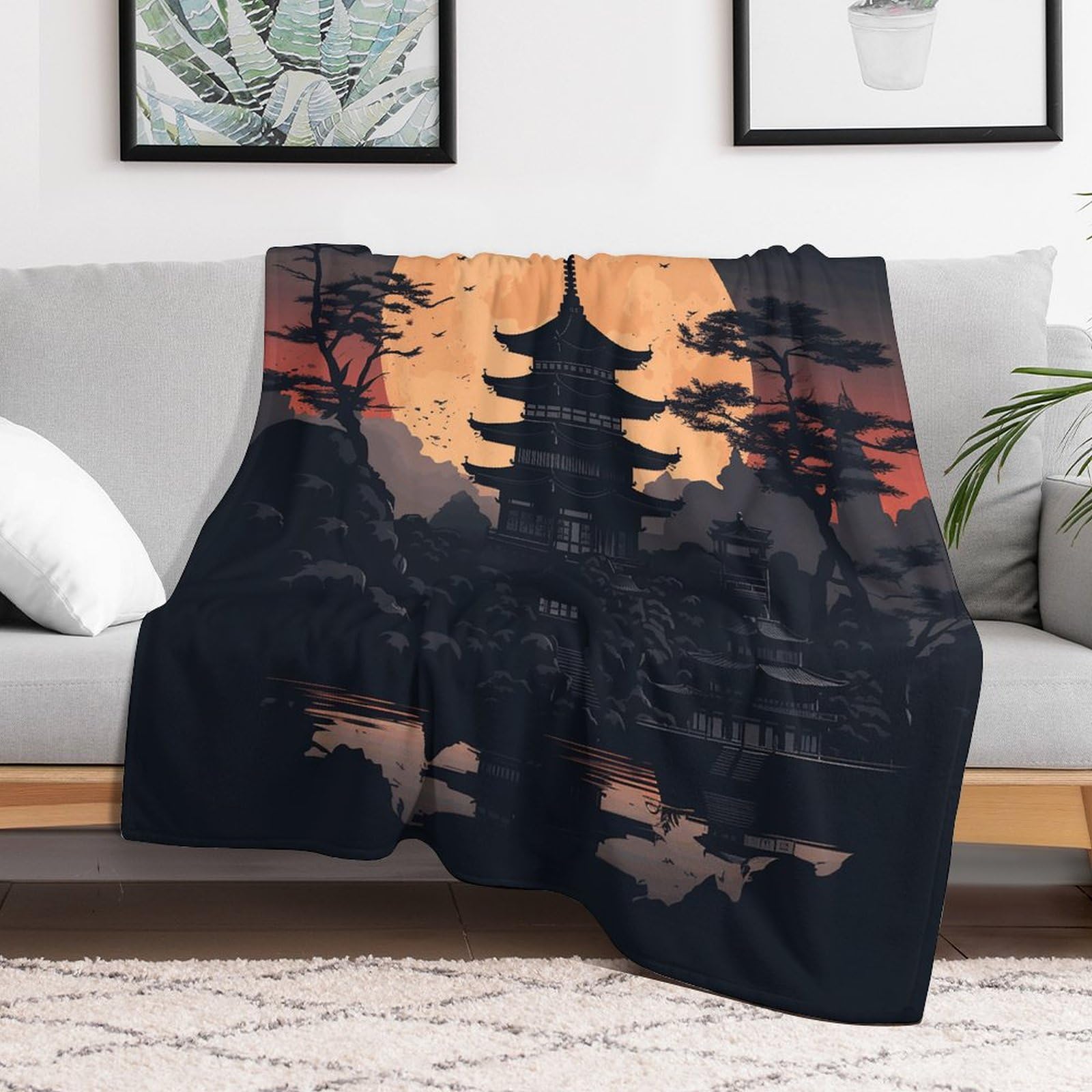 Couverture flanelle légère à motif pagode pour vos soirées salon