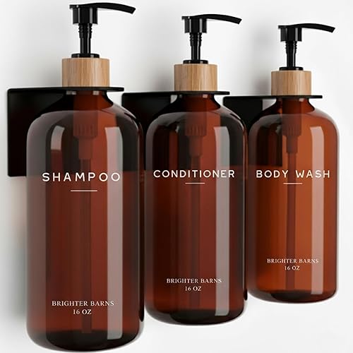 Miniatura 13 de Juego de Dispensador de Champú y Acondicionador de Lujo Montado en la Pared por Brighter Barns - Botellas Recargables de Champú y Acondicionador -