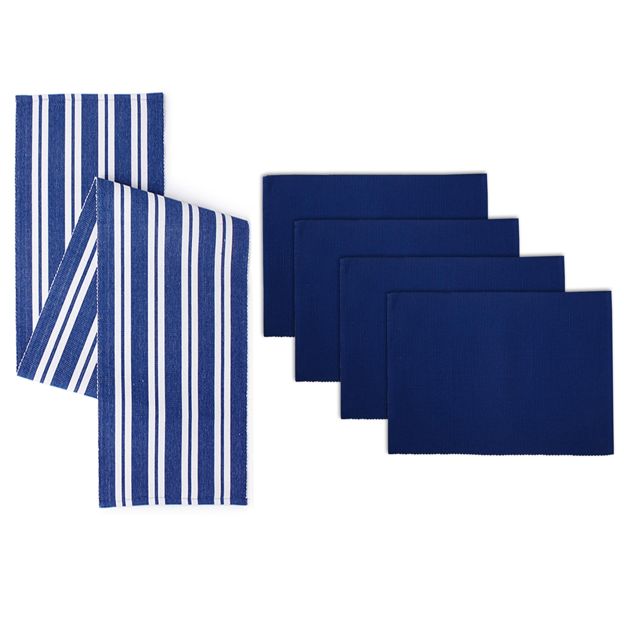 Encasa XO Table Runner and Placemats Set 4 | Fine Ribbed Cotton | Franca Blue | 1 Table Runner Size 32x150 cm & Each Table Mat Size 48x32 cm
