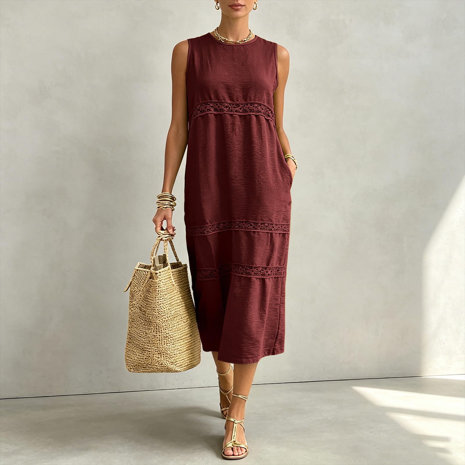 Abito Spiaggia Donna Gonna Lunga da Donna a Maniche Corte con Scollo Rotondo e Inserti Patchwork, Elegante e Comoda. Vestito Elegante