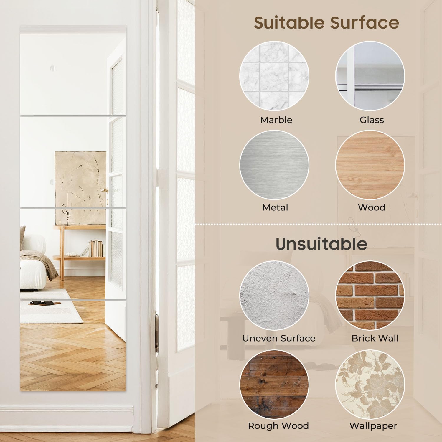 4PCS 14"x12" Full Length Wall Mirror Tiles,Wall Mirrors Decorative Shatterproof Self Adhesive Glass Mirror Tiles for Bedroom,Dorm, Gym