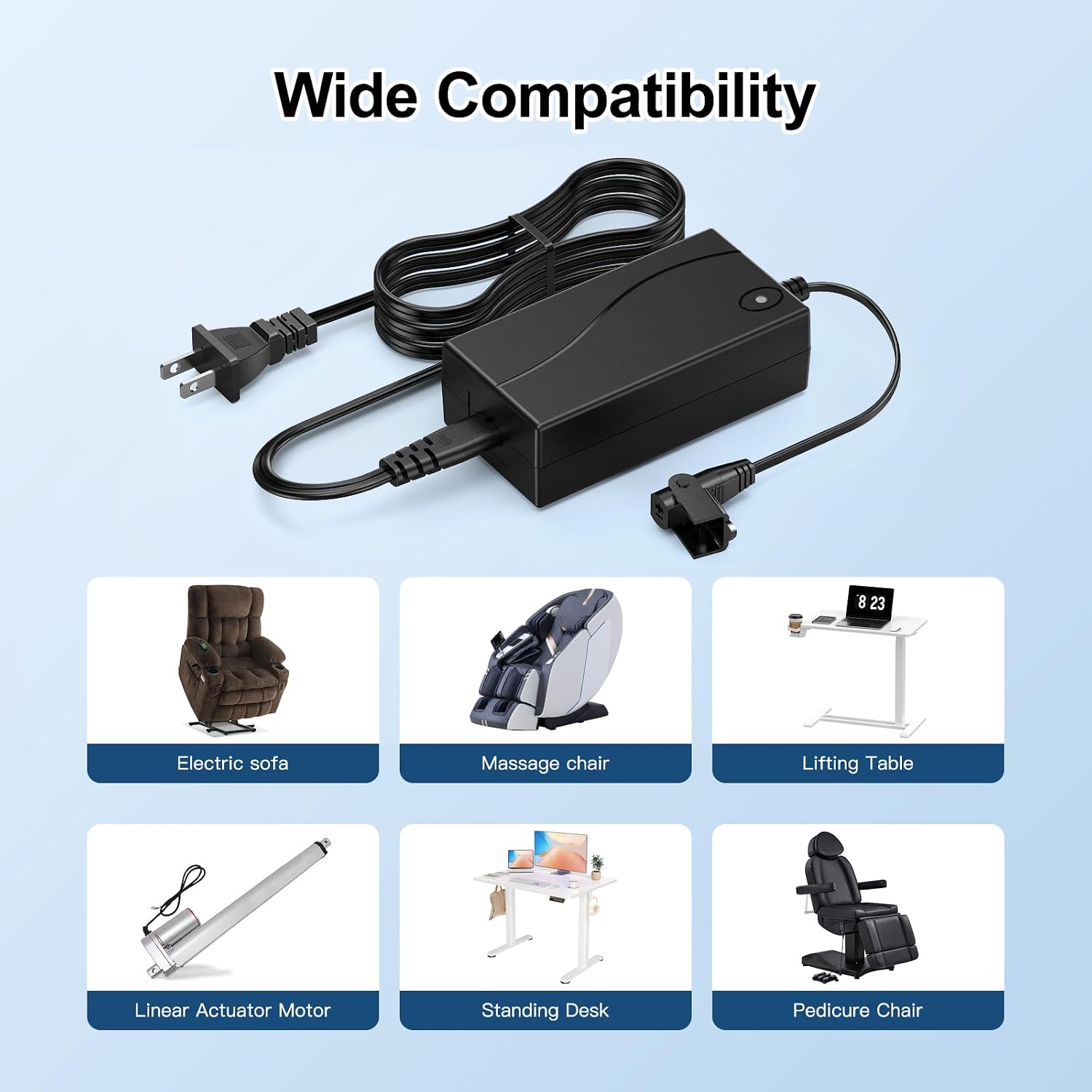 29V 2-Pin Power Supply for Recliner/Lift Chair – Class 2 | Replacement adapter with extension cord. Compatible with recliner couch, electric sofa, and standing desk. Durable.