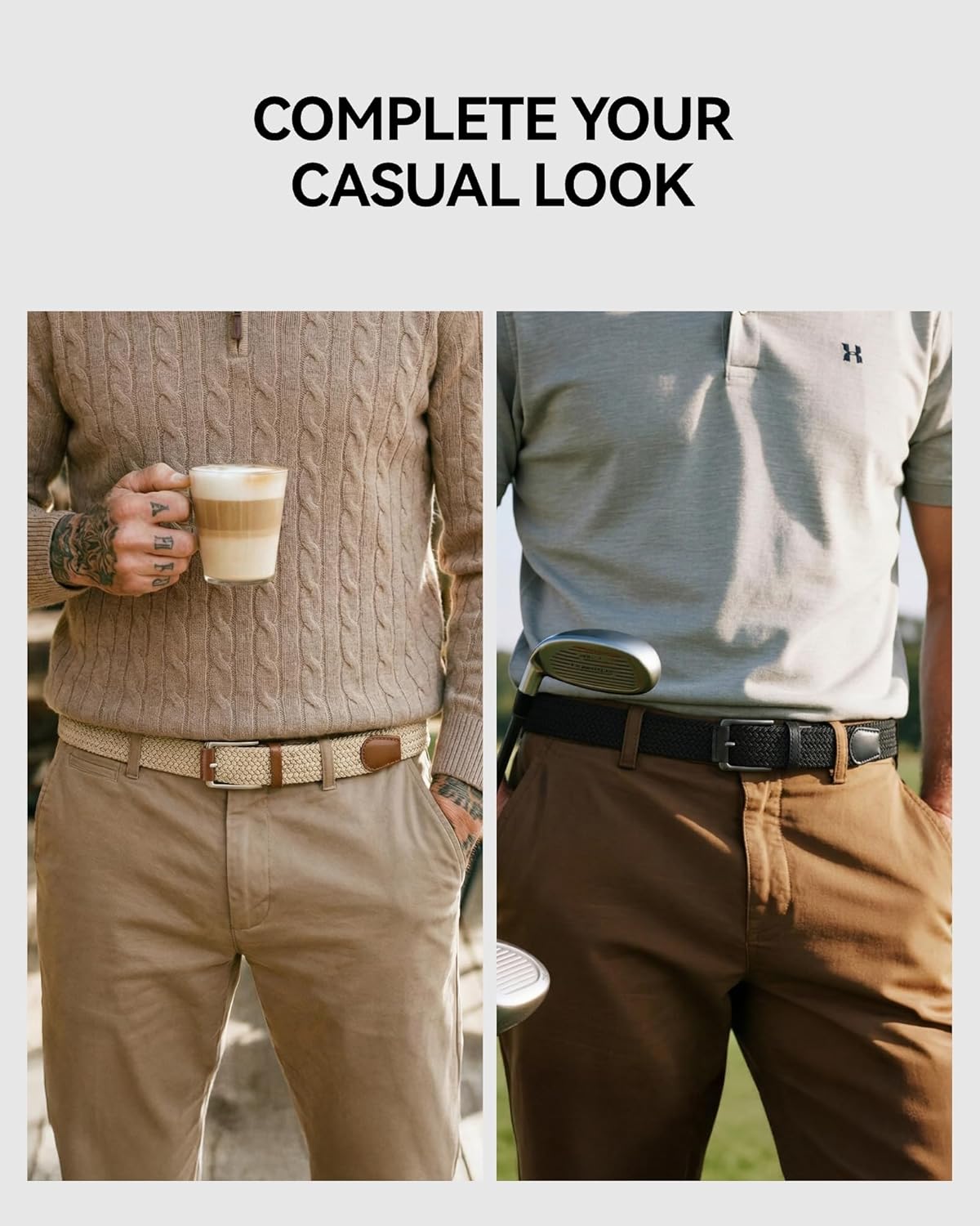 CHAOREN Stretch Belt Men 2 Pack - 1 3/8" Braided Golf Belts For Men - Casual Elastic For Pants and Jeans - Image 2