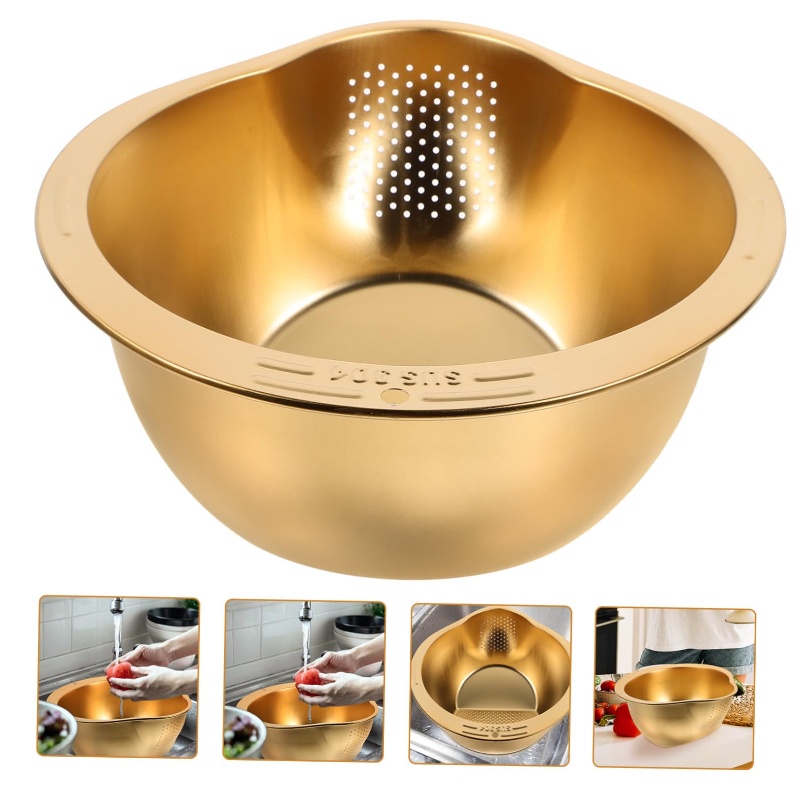 TOYANDONA Colador Multi-funcional y Elegante de Acero Inoxidable Dorado para Lavar Arroz Práctico Recipiente para Escurrir para Cocina Diaria