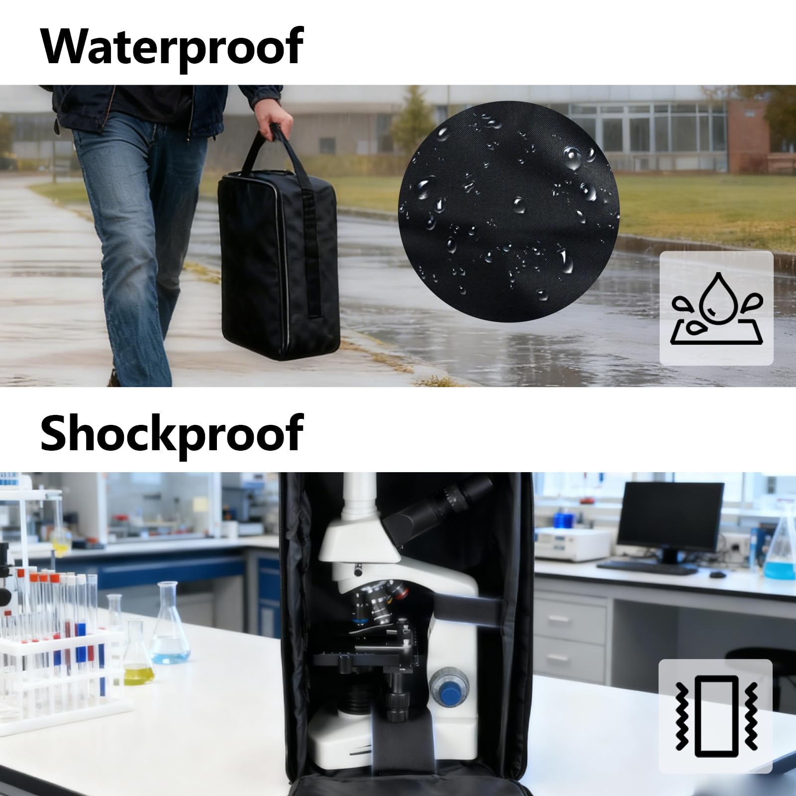 Mikroskop-Tragetasche mit Vordertaschen, 7.8" L x 6.6" W x 14" H, universell, faltbar, wasserdicht und leicht