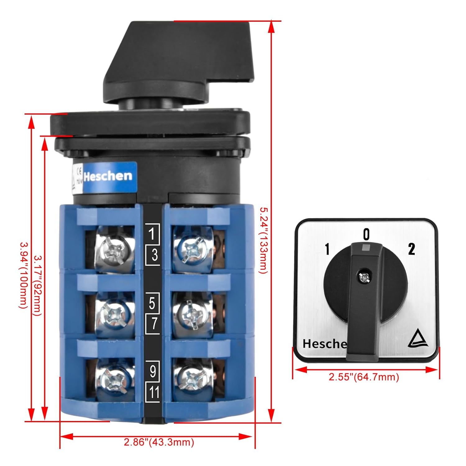 Heschen Universal Rotary Cam Selector Changeover Switch SZW26-63/D303.3 660V 63A ON-Off-ON 3 Position 3 Phase 12 Terminals CE