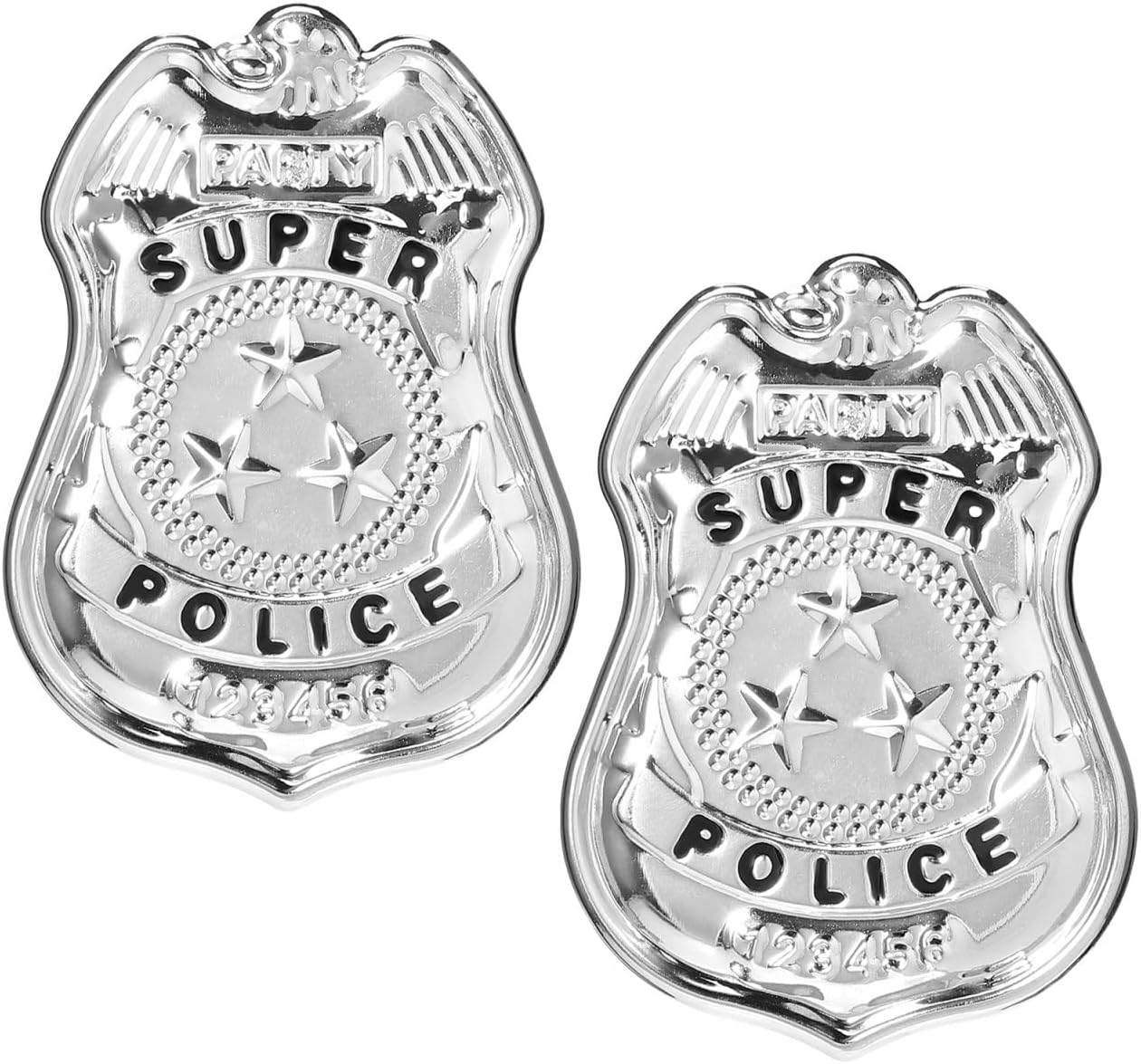 Amosfun 2pcs Police Badges Pretend Play American Police Badge Halloween Party Cosplay Costume Accessory Brooch Prop Silver