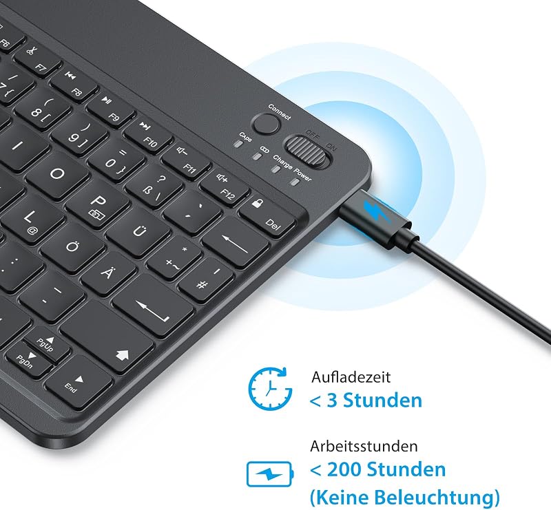 OMOTON Bluetooth Billentyűzet iPad iPhone Android Windows Telefonos Tartóval Háttérvilágítás Újratölthető QWERTZ