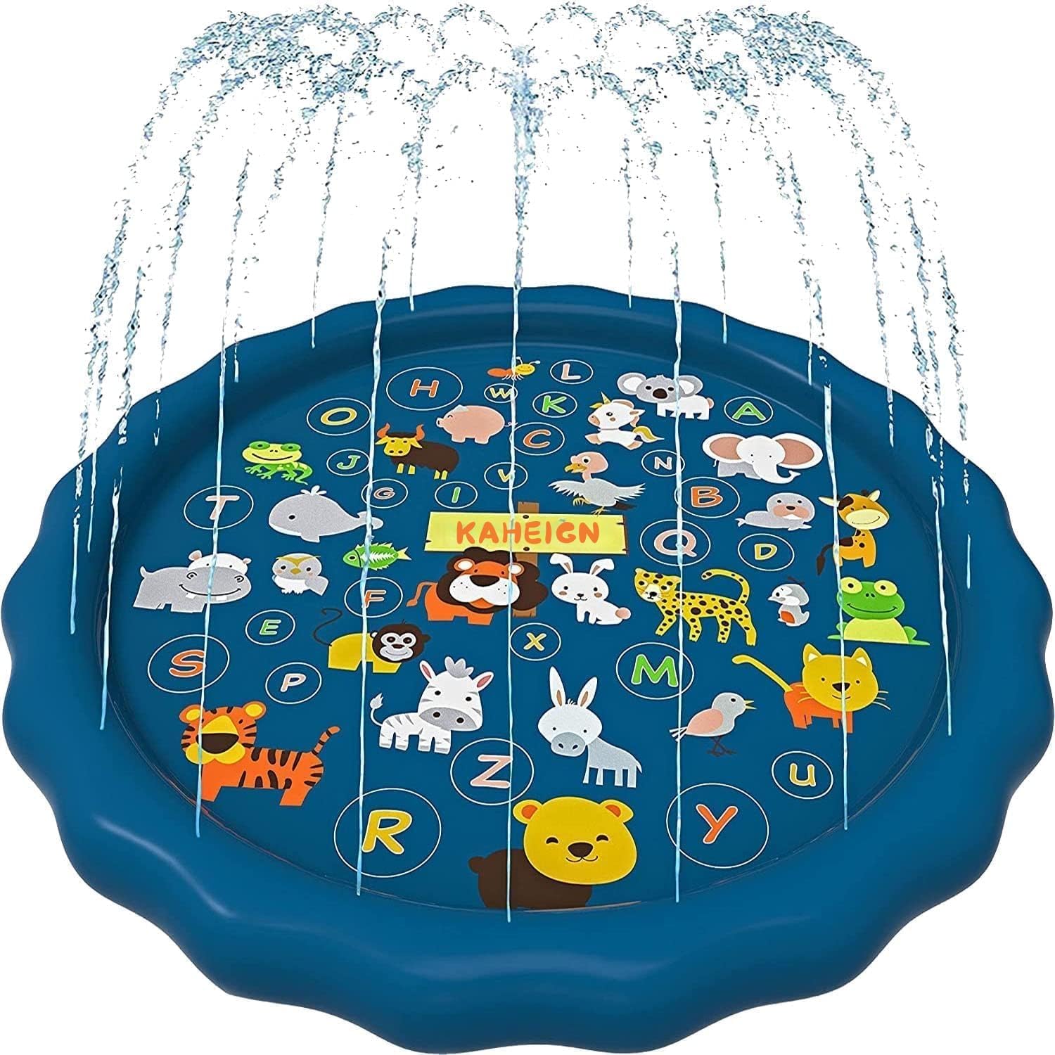 KAHEIGN 170CM Splash Water Play Mat, A to Z Alphabet Whale Lion Tiger Elephant Animals Pattern Sprinkler Pad Summer Garden Outdoor Spray Water Toys for Kids Pets Family Activities