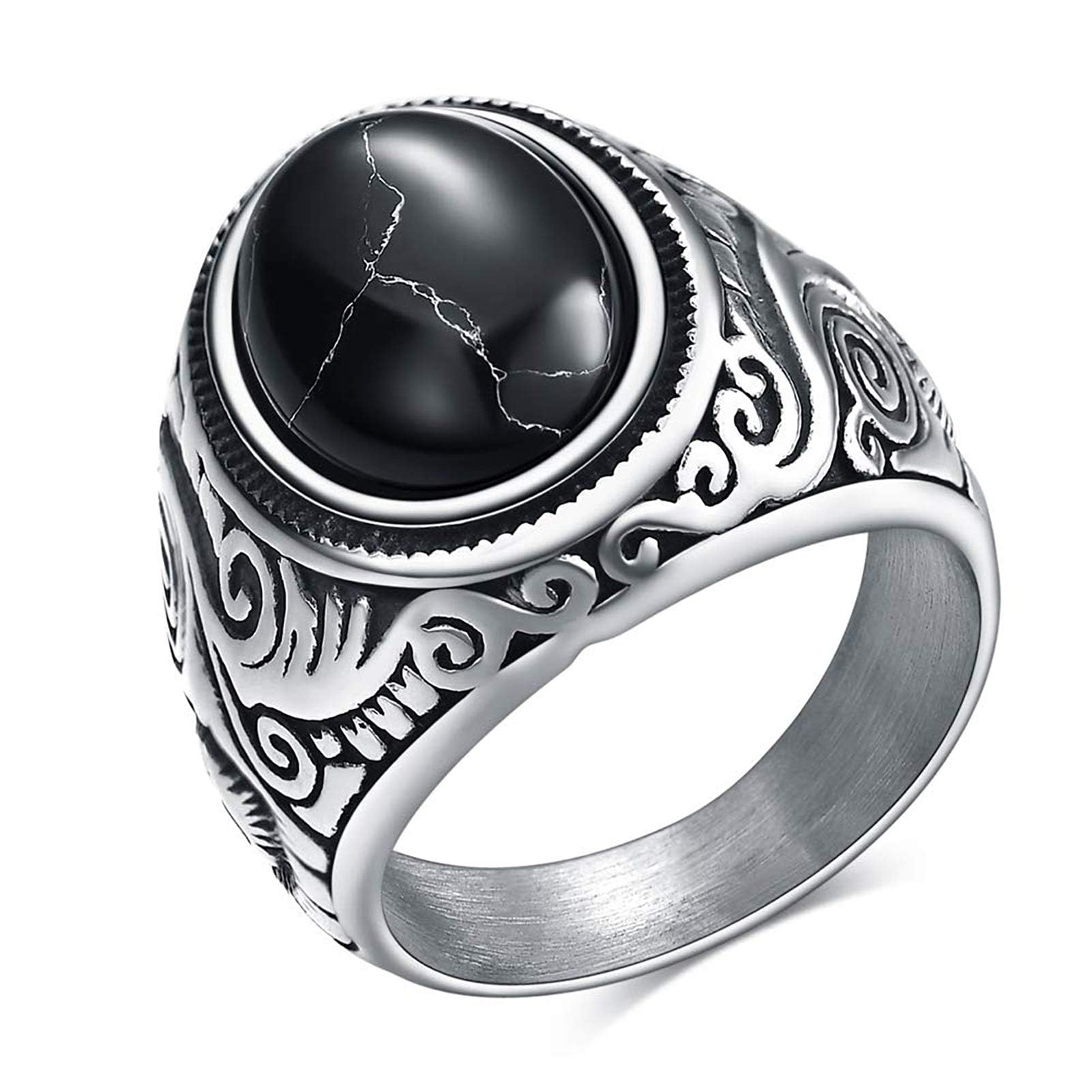 MYNENEY Retro Vintage Stone Rings for Men Turquoise Rings Stainless Steel Signet Biker Band