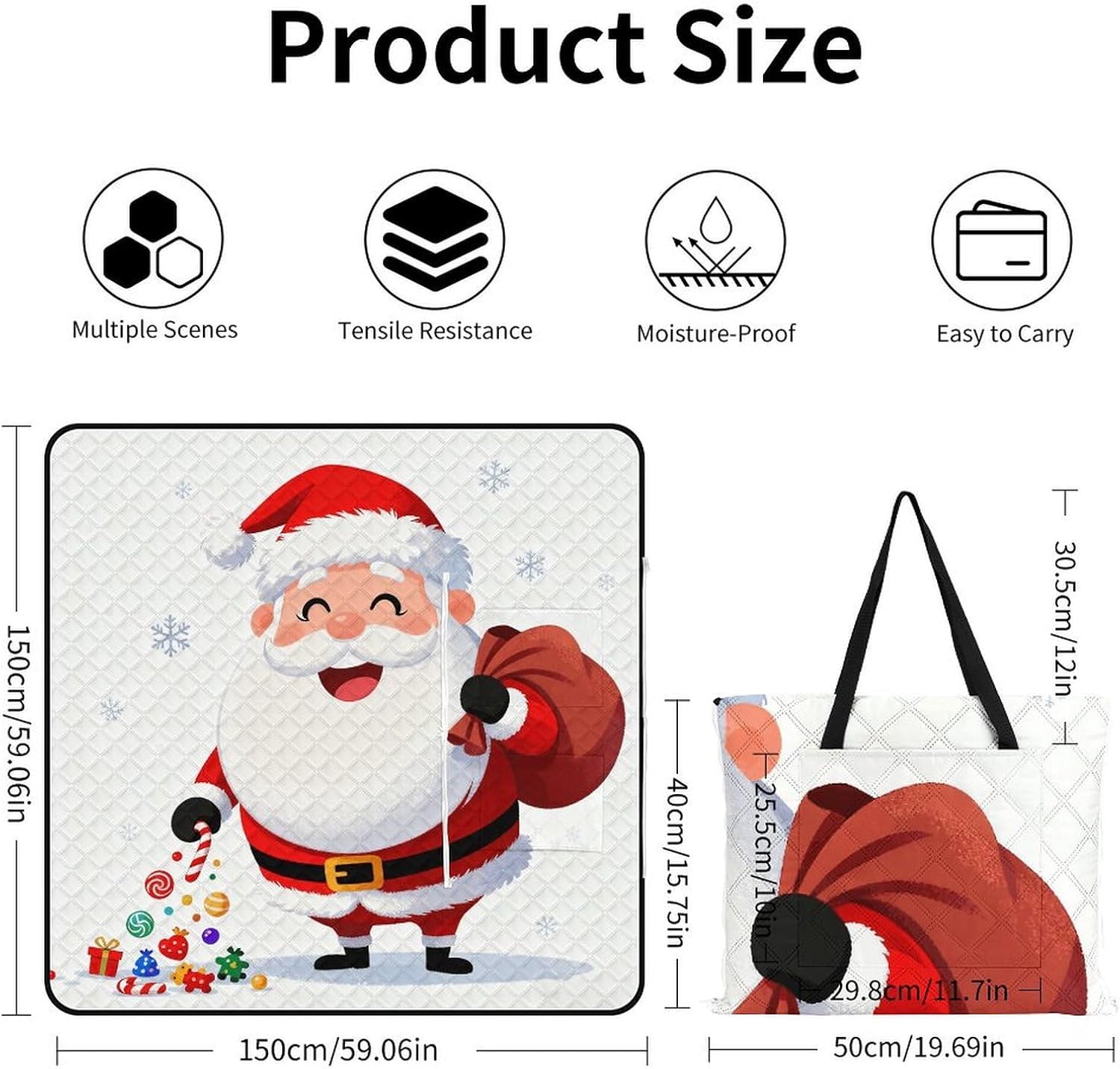 Funny Santa Claus Picnic Blanket with Zipper Water Resistant Sand Free Picnic Mat Washable Foldable Easy Carry Beach Blanket for Lawn Beach Hiking Camping