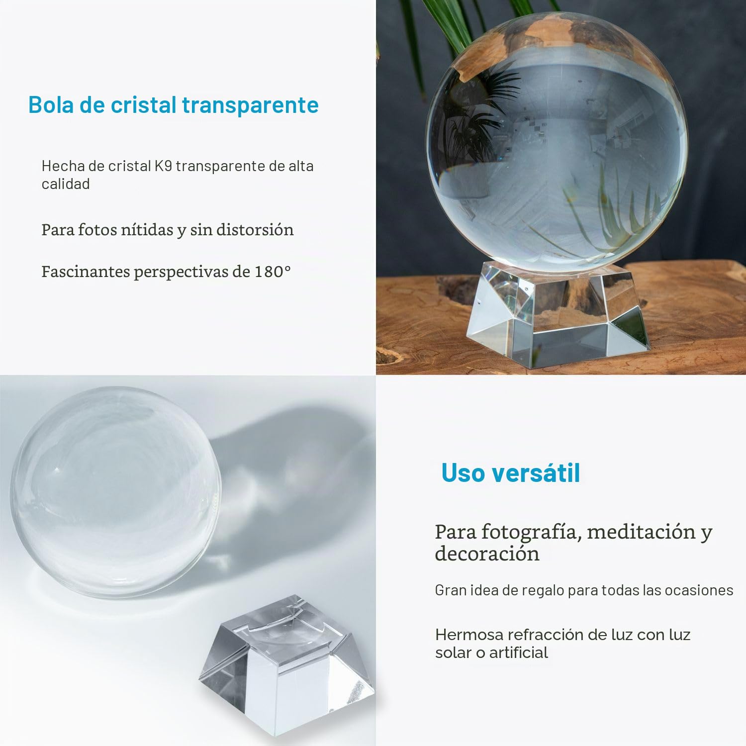 INTIRILIFE Bola de Cristal con Soporte de Cristal Claro de 130 mm, Bola de Cristal con Soporte de Cristal fotografía, meditación y decoración UVM. - Bola de Cristal de Cristal