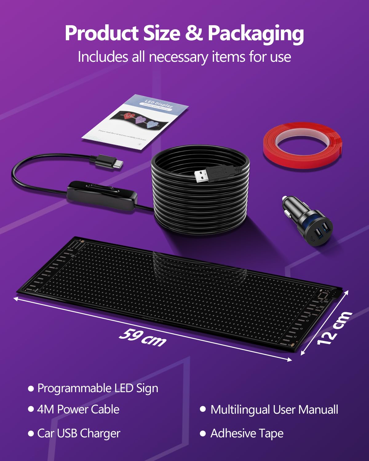 Insegna Luminoso LED Flessibile Programmabile | 59 X 12 cm | LED Display Personalizzabile USB 5V per Auto Camion | Controllo via App Bluetooth | per Negozio e Pubblicità