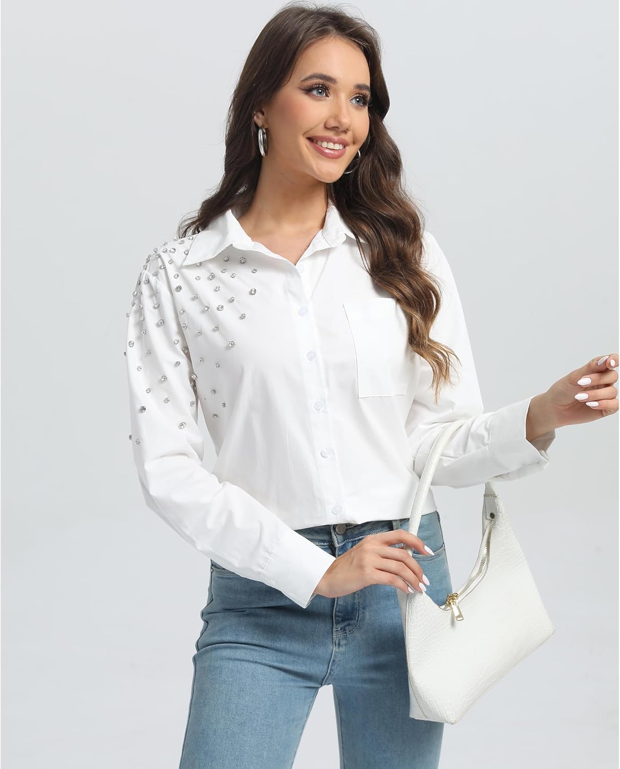 SUNNOW Womens Embellished White Shirt Elegant Button Down Blouse Classic Fit Top for Office Dinner & Casual Wear - Image 2