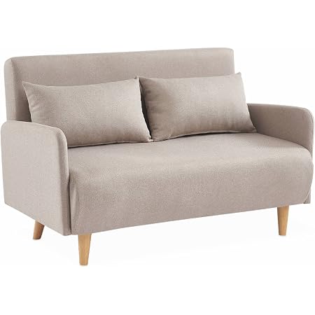 Canapé Convertible 2 Places Panam - Dossier Inclinable, Tissu Beige, Pieds Bois Clair - Idéal Petit Espace