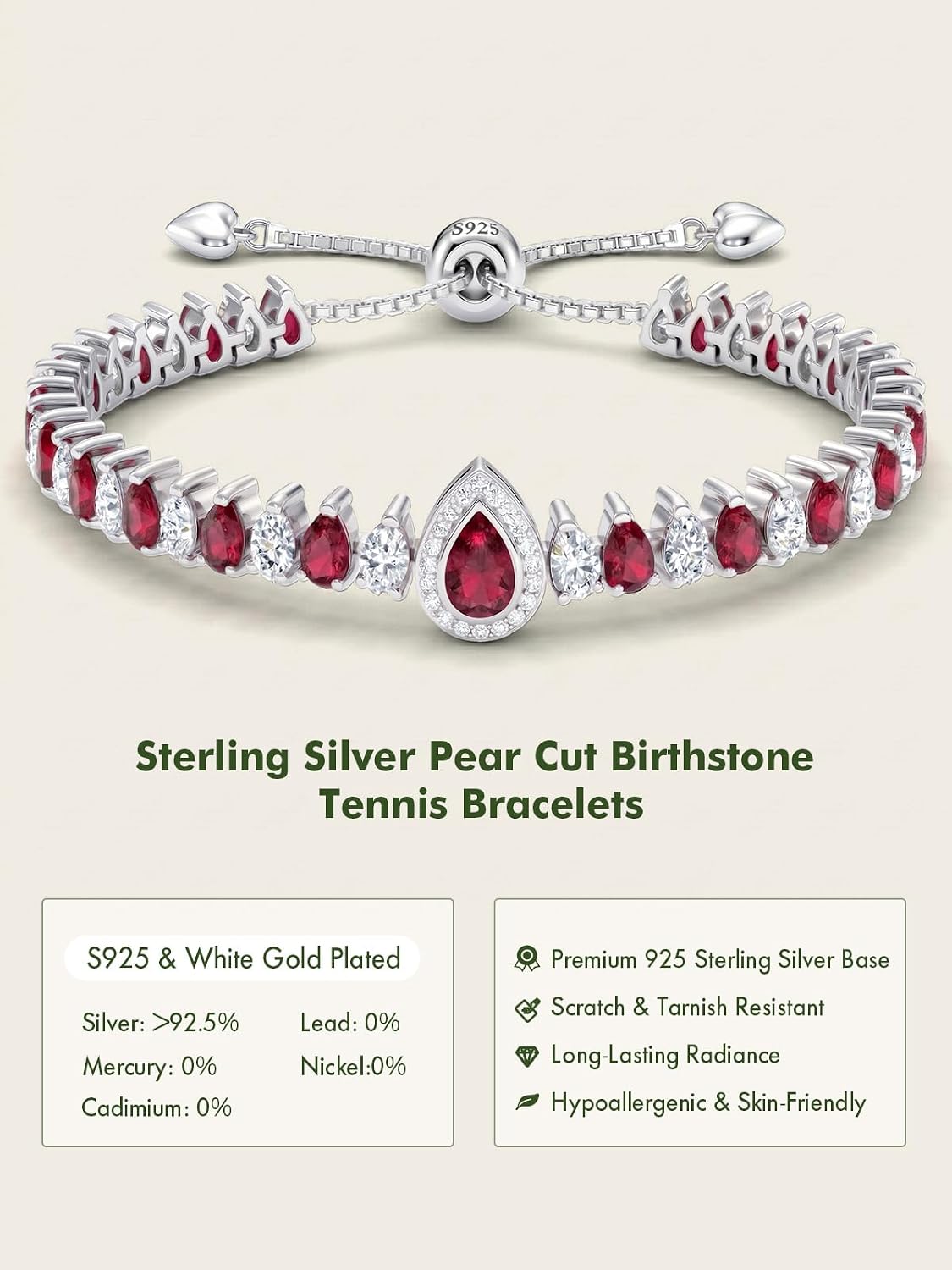 Birthstone Tennis Bracelet for Women 925 Sterling Silver Pear Shaped Gemstone Inlaid White Gold Plated Adjustable Chain Gifts for Mom Wife