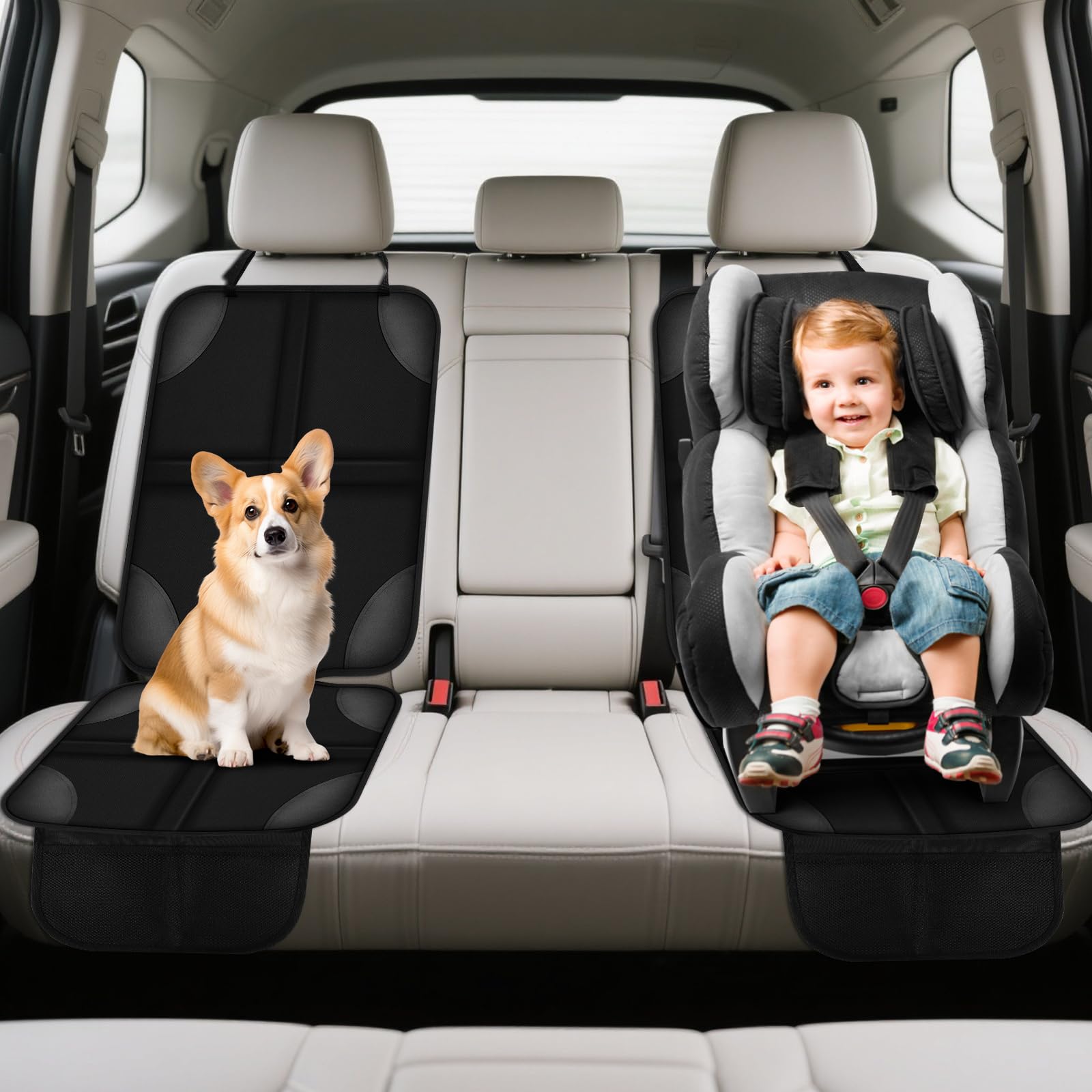 TOSAVGA Protector Asiento Coche Niños, Protectores de Asiento de Cuero Impermeables, Compatible Isofix con Organizador Bolsillos, Antideslizante Impermeable Protector Seguro Respaldo, para SUV, sedán