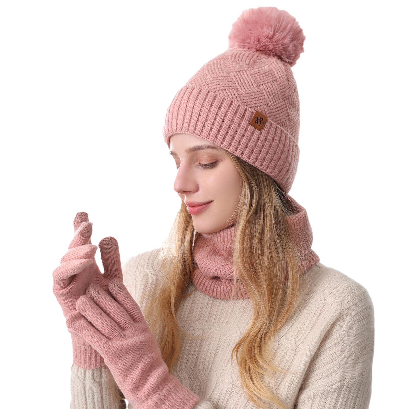 MAZELIKEHOOD Set Sciarpa Guanti Cappello Donna Inverno Caldo Cappello di Bobble con Sciarpa a Maglia e Guanti Tessuto Morbido e Comodo Accessori Moda Invernale Ideale per Regalo di Natale