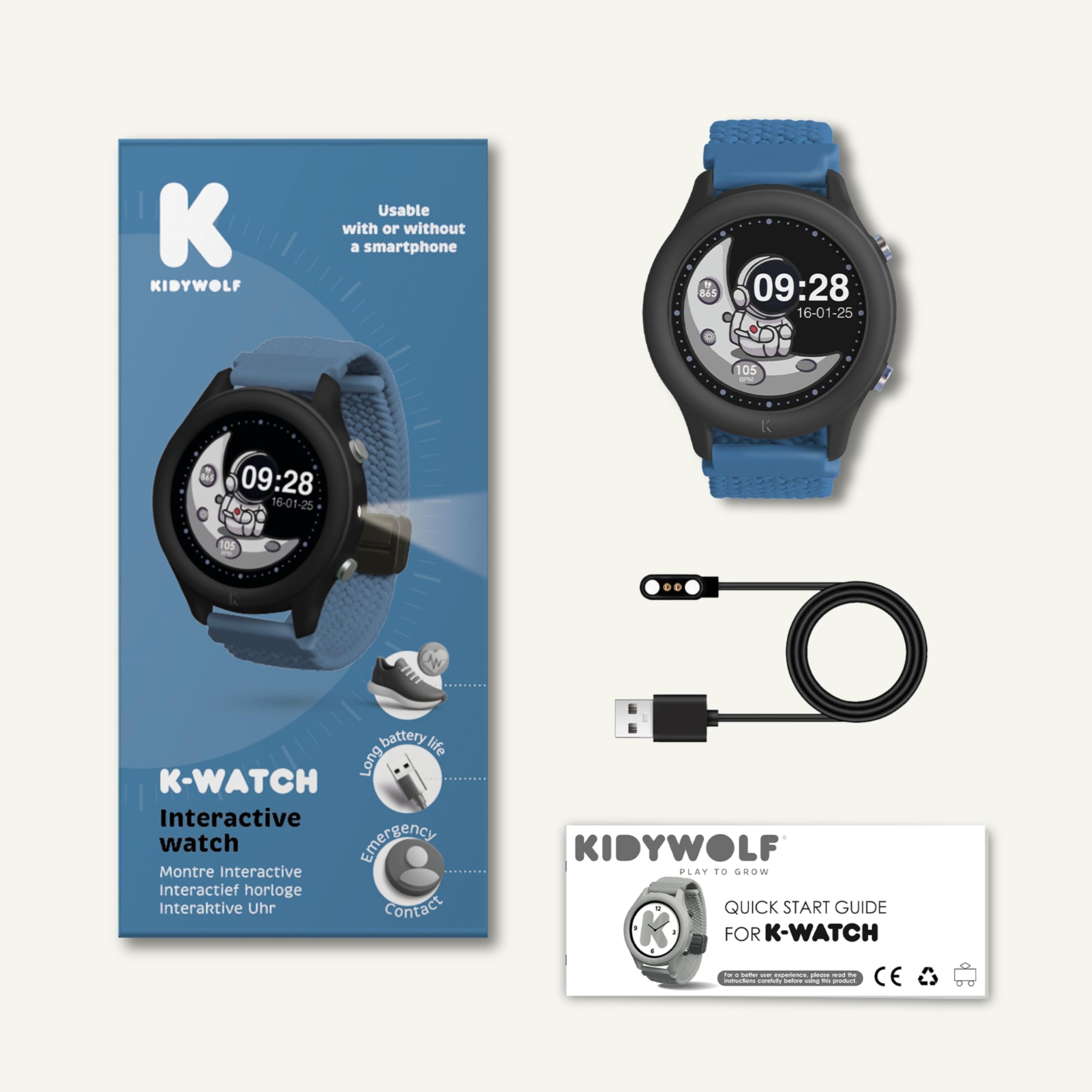 KIDYWOLF - K-Watch Bleue - Montre Interactive Enfant dès 8 Ans - Ta première Montre Numérique avec Écran OLED & Lampe LED
