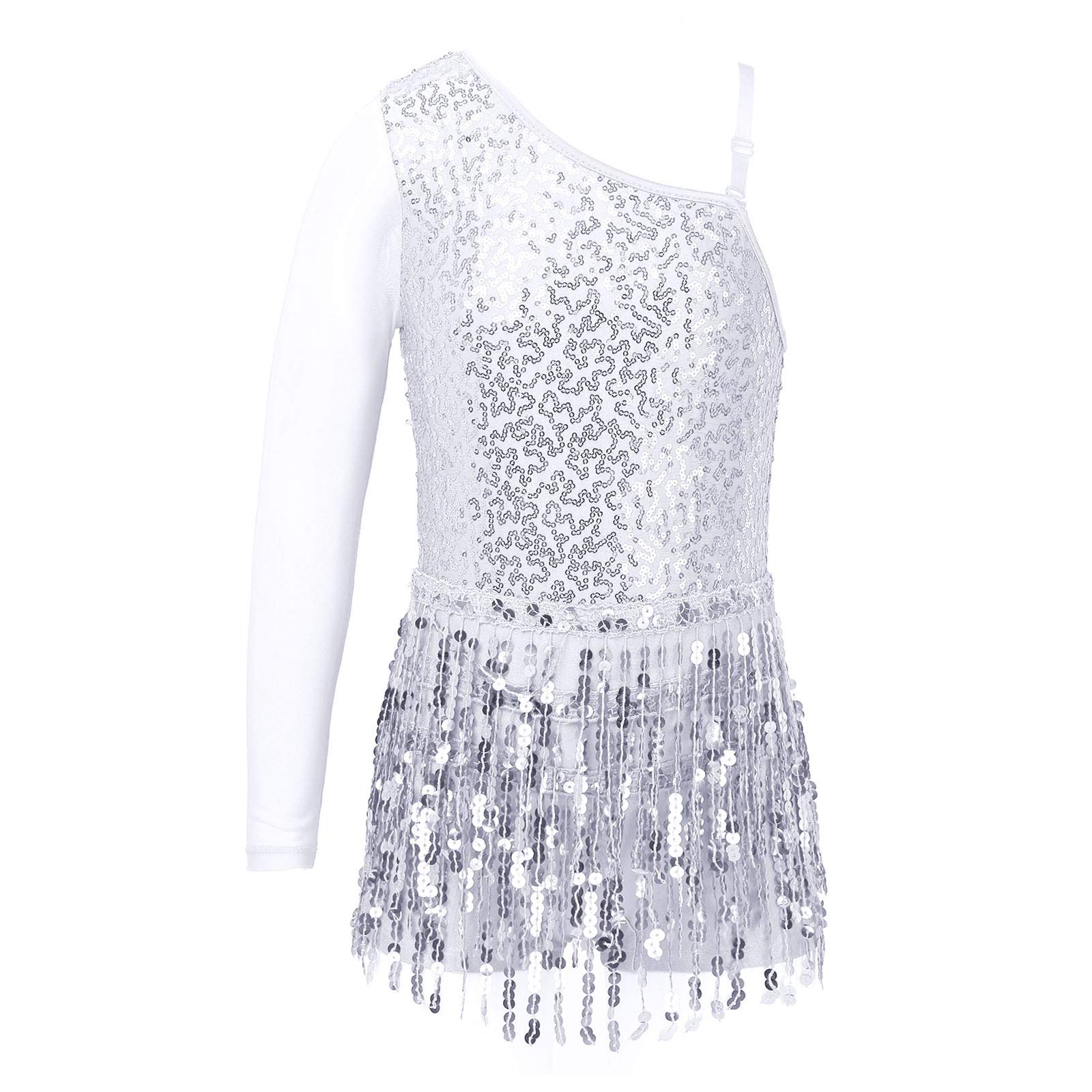 YOOJIA Mono de Lentejuelas Brillantes para Niñas Leotardo con Pantalones Cortos con Manga Larga de Danza de Baile Patinaje para Princesa