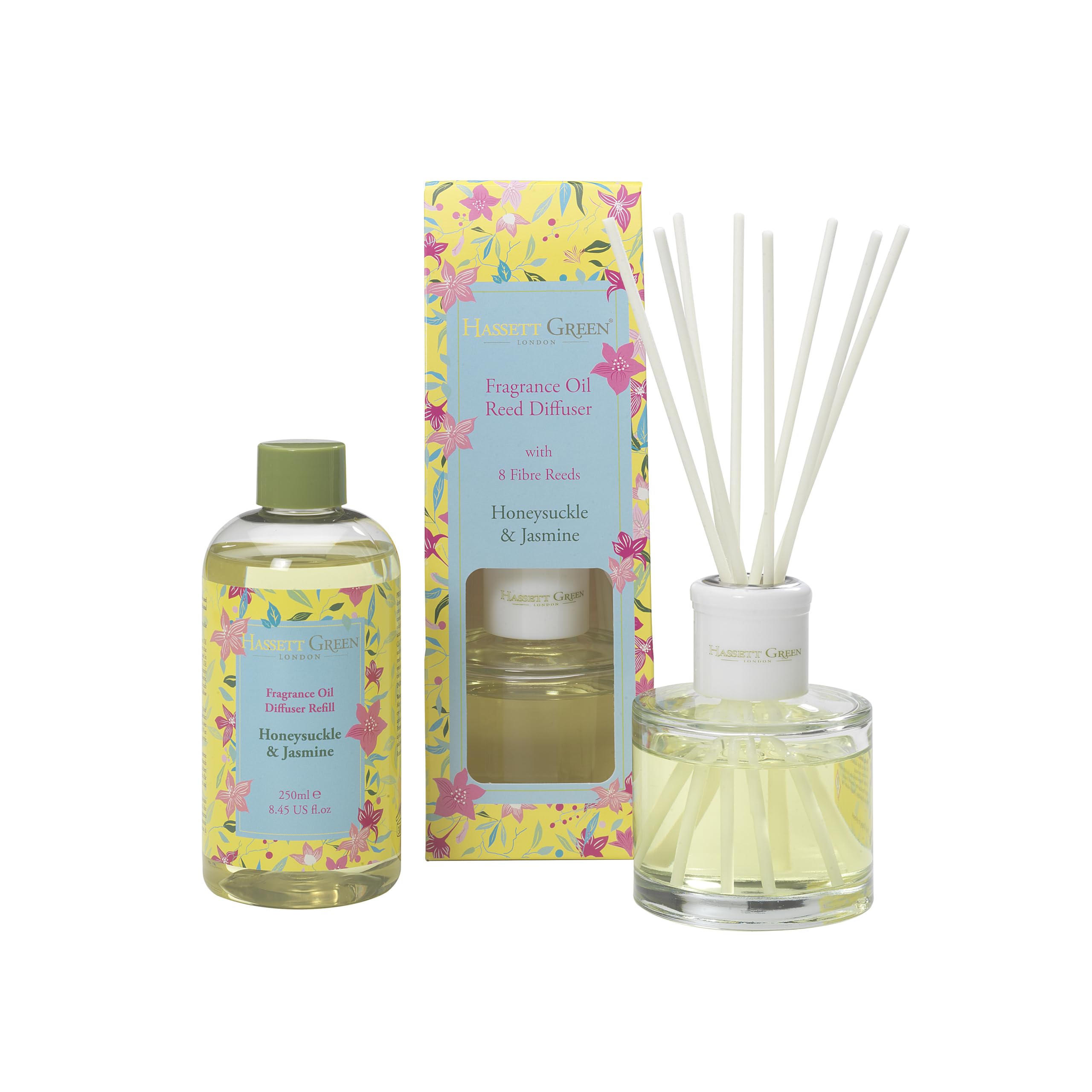 Hassett Green London - Honeysuckle & Jasmine Reed Diffuser & Refill Set - 100ml Glass Diffuser with 8 Fibre Reed Sticks + 250ml Fragrance Oil Refill