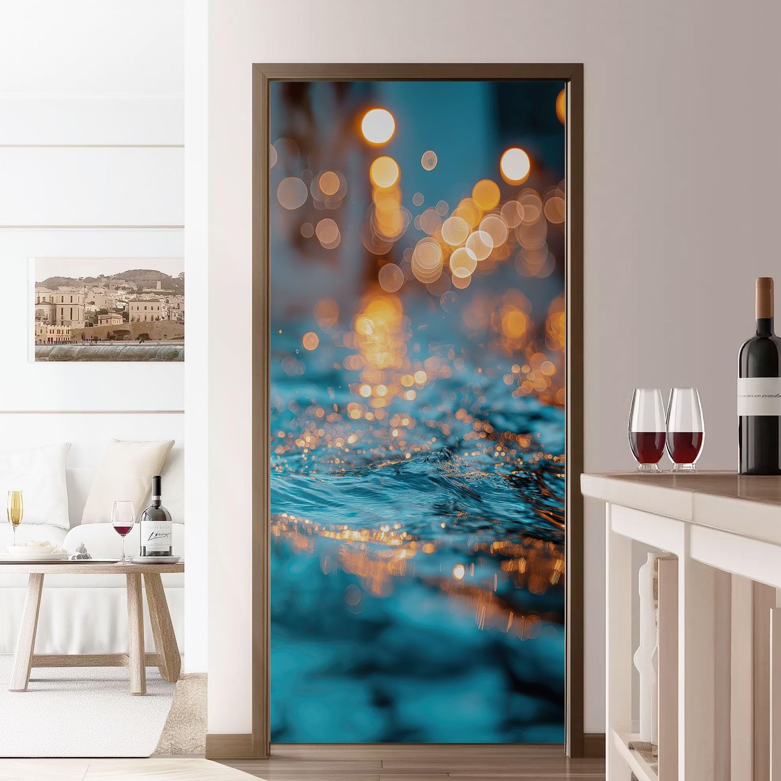 Papel pintado autoadhesivo para puerta, minimalista, superficie de agua, póster para puerta, adhesivo para puerta, textura ondulada resistente al agua, lámina de vinilo para puerta, azul extraíble