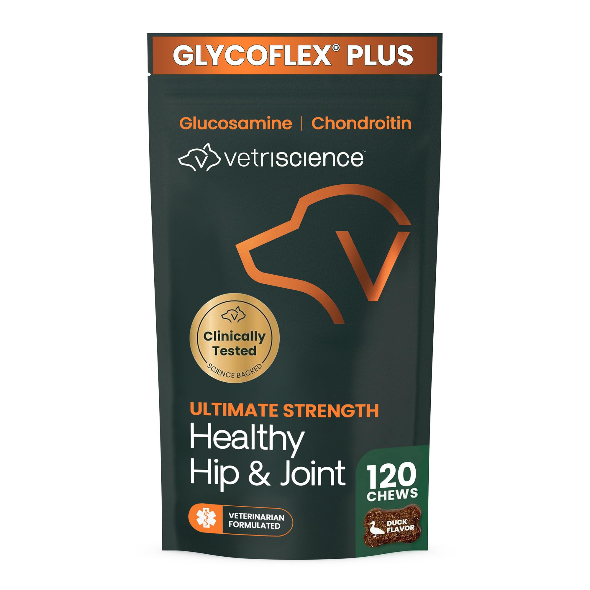 VetriScience Ultimate Strength Healthy Hip & Joint Chews, GlycoFlex Glucosamine, Chondroitin and Green-Lipped Mussel Joint Support Supplement for Dogs, Soothe Joint Discomfort, Duck, 120 Count
