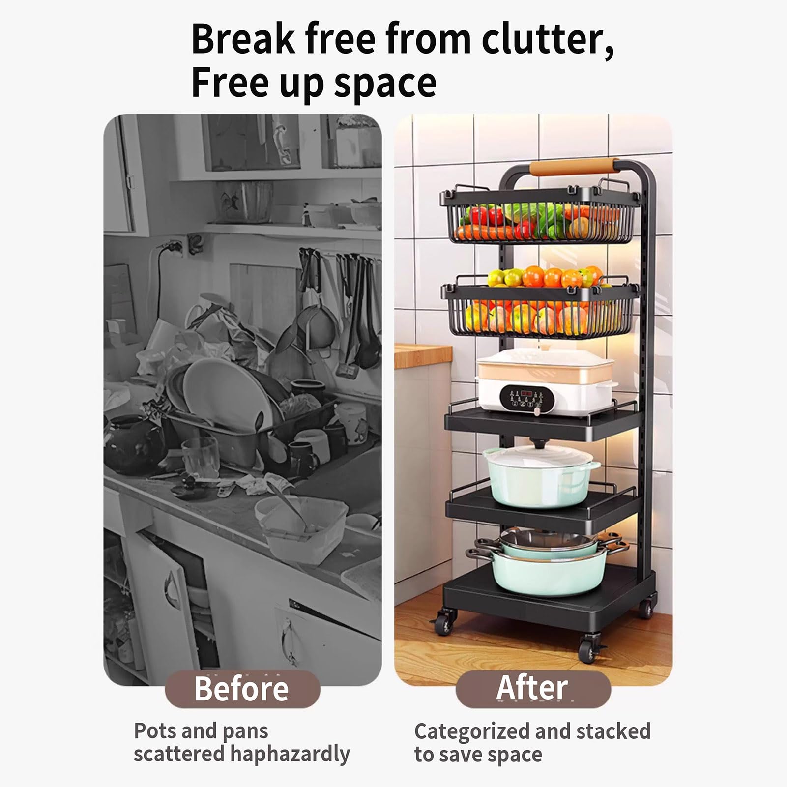 Carrito de almacenamiento de cocina, organizador rodante con cestas extraíbles, estante que ahorra espacio para utensilios de cocina y electrodomésticos
