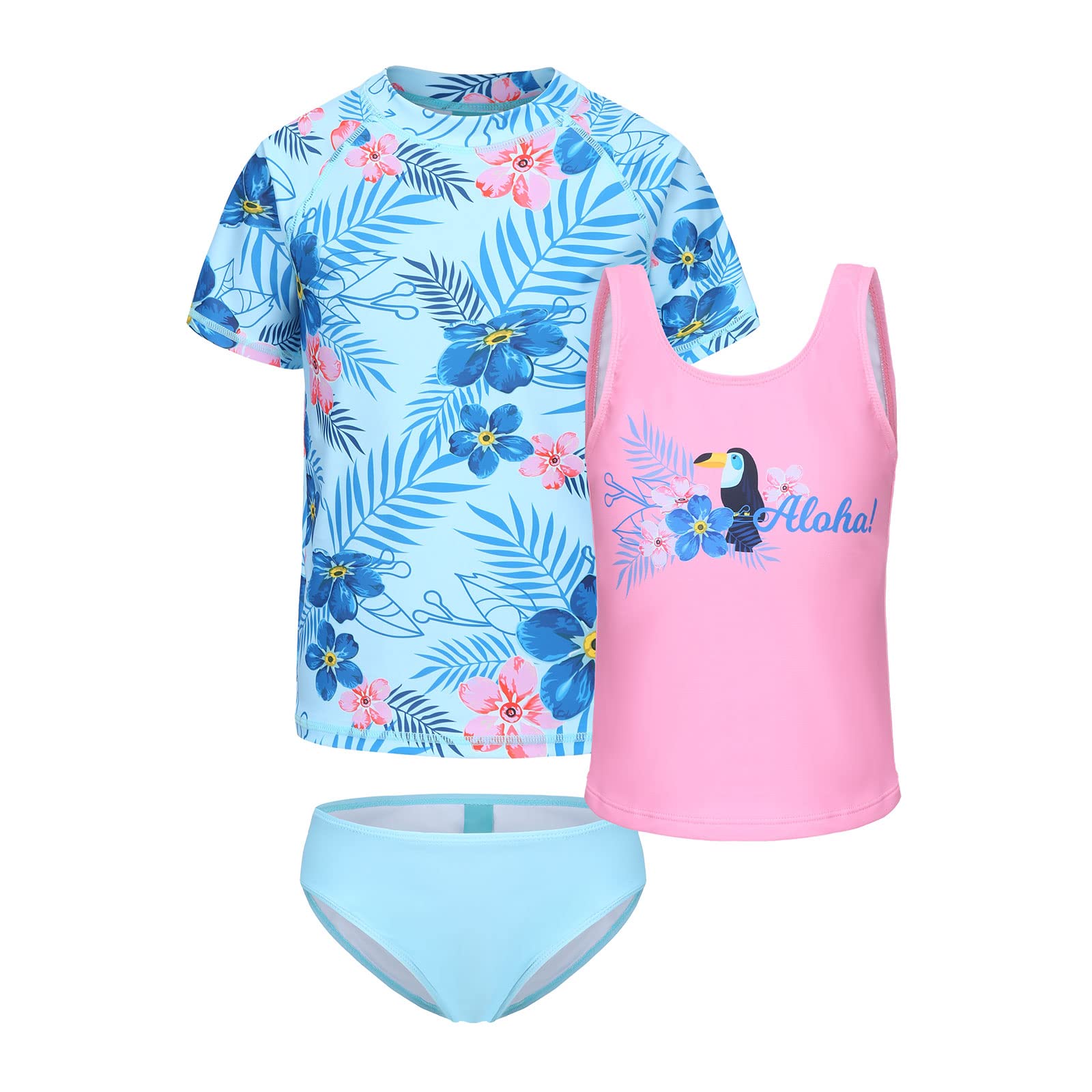 Girls 3 Piece Rash Guard Swimsuits Set for Girls Short Sleeve Bathing Suits Hawaiian Beach Tankini Swim Set