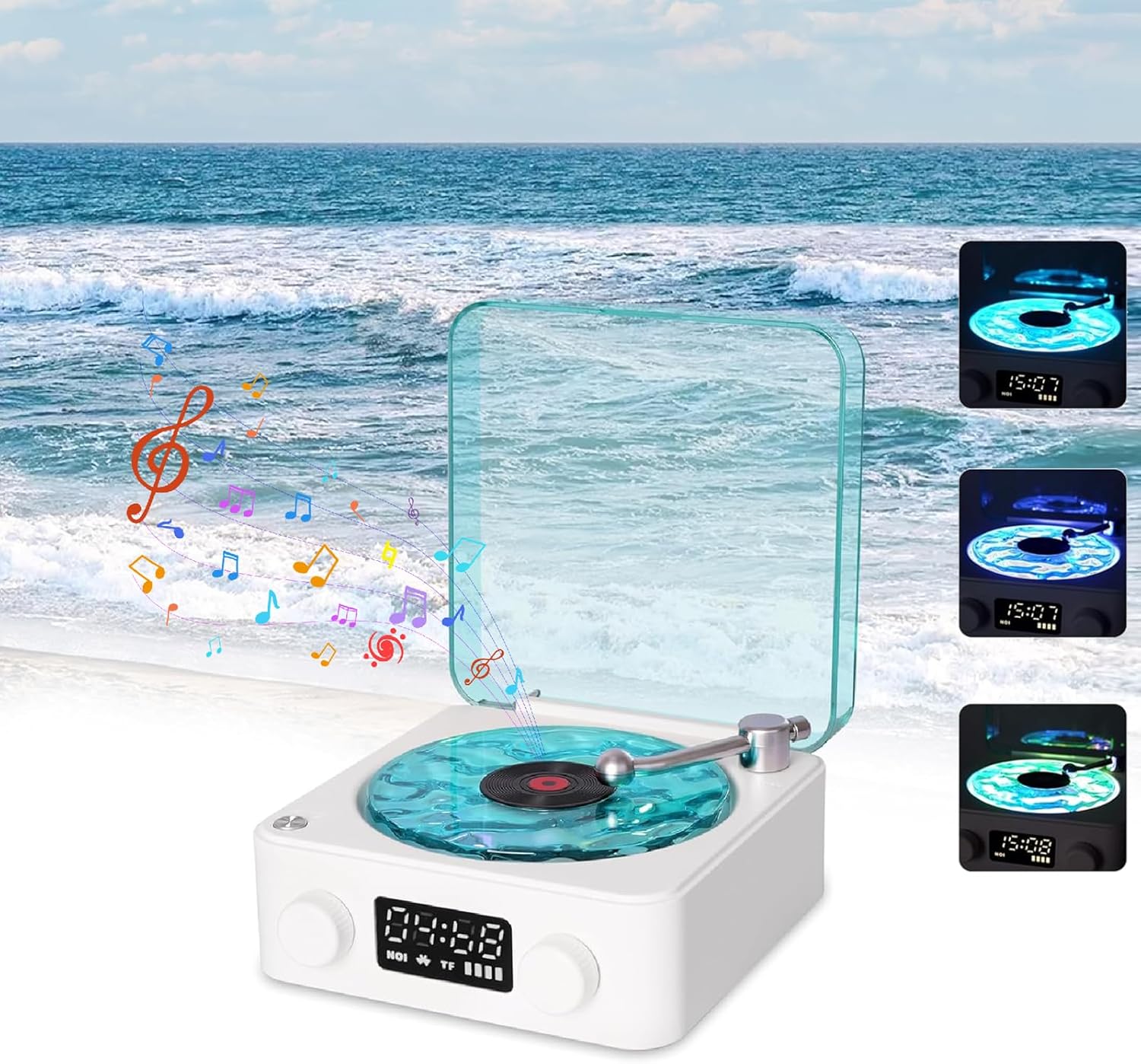 Jiawu The Waves Player, Creative Vinly Vintage Record Player Style Waves Bluetooth Speaker with Adjustable Ambient Light for Bedroom, Ocean Sound White Noise Wave Speaker (White)