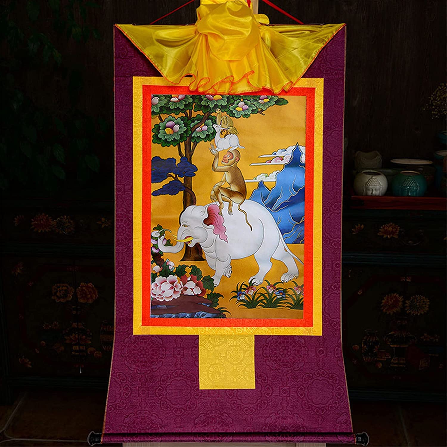 YTBHSHXZ Tibetische Thangkas, Vier harmonische Tiere, buddhistische Thangka-Brokat(Red,35L x 20W cm)