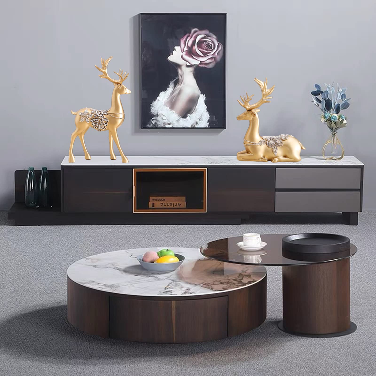 Decorazioni per Renne Natalizie Set di 2 Statuette di Cervi di Natale, Renne in Piedi E Sedute Decorazione di Cervi Natalizi per Interni, Decorazioni Natalizie E Natalizie per La Casa