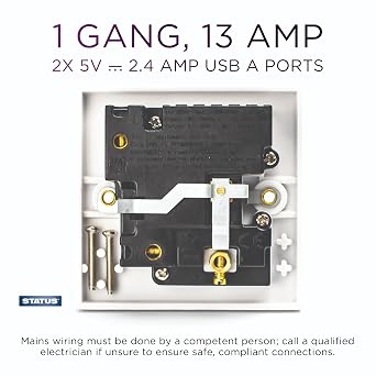 STATUS Plug Socket UK | Single Socket with Double USB Plug | White Plastic | 13A Single Switched Wall Socket | S1G13A2USBSWS4