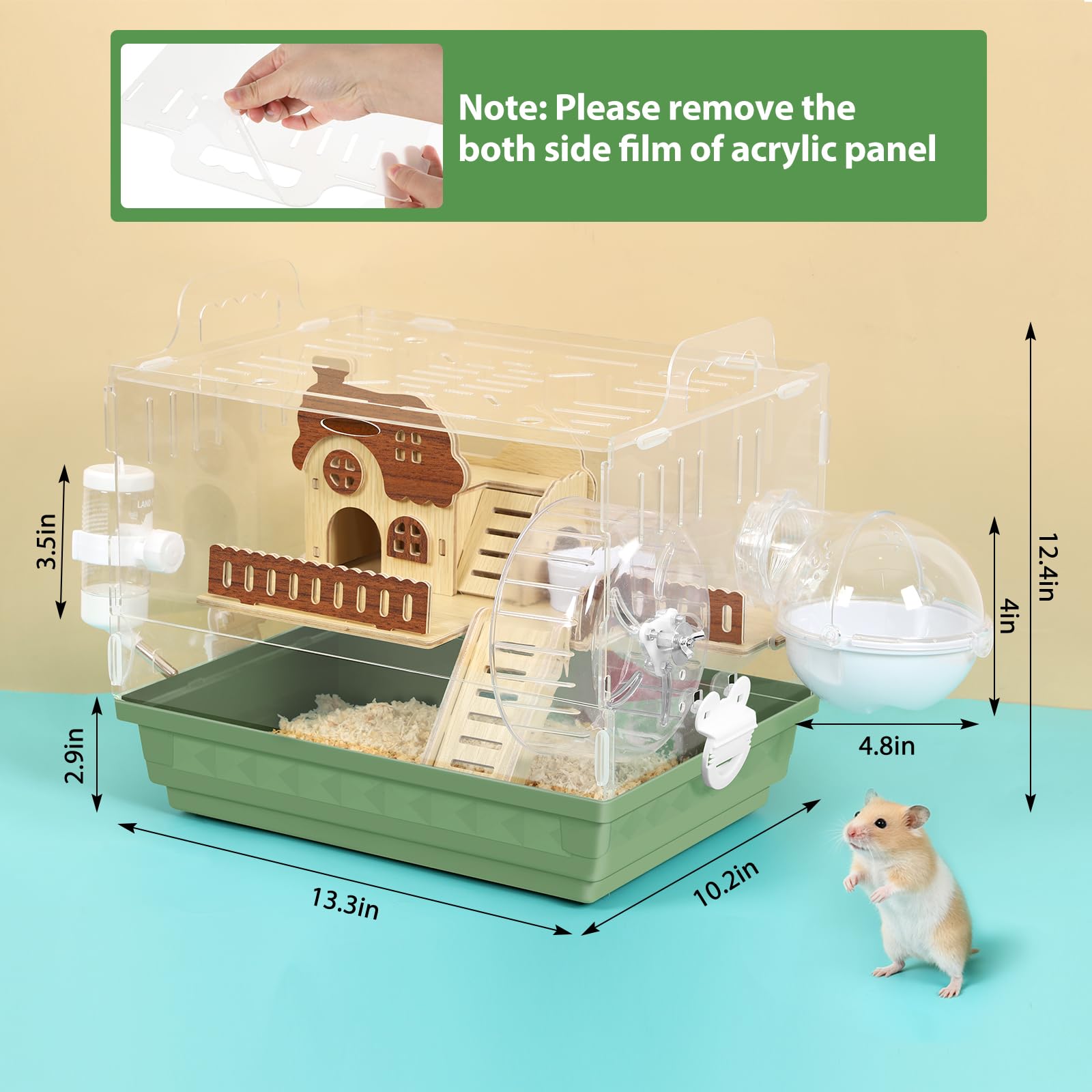 Acrylic Hamster Cage 2-Tier Dwarf Hamster Cage Small Hamster Habitats with Accessories Kit, Clear Gerbils Syrian Hamster Enclosure, Green Pet Mice House, 13.3" L x 10.2" W x 12.4" H - 3